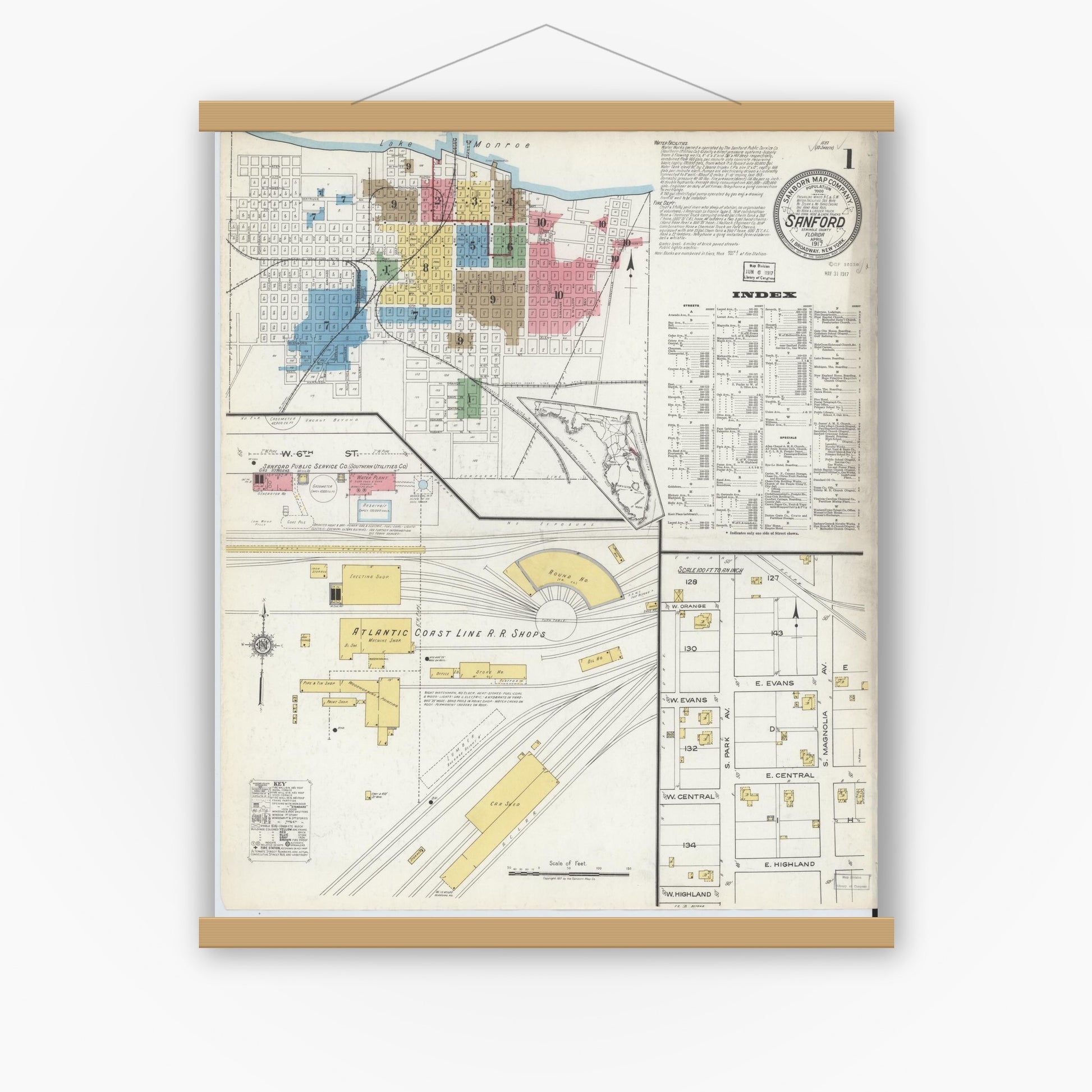 Old map wall art mockup — magnetic wood frame on white wall — Sanborn Fire Insurance Map from Sanford, Seminole County, Florida (1917) - Complete Map Set