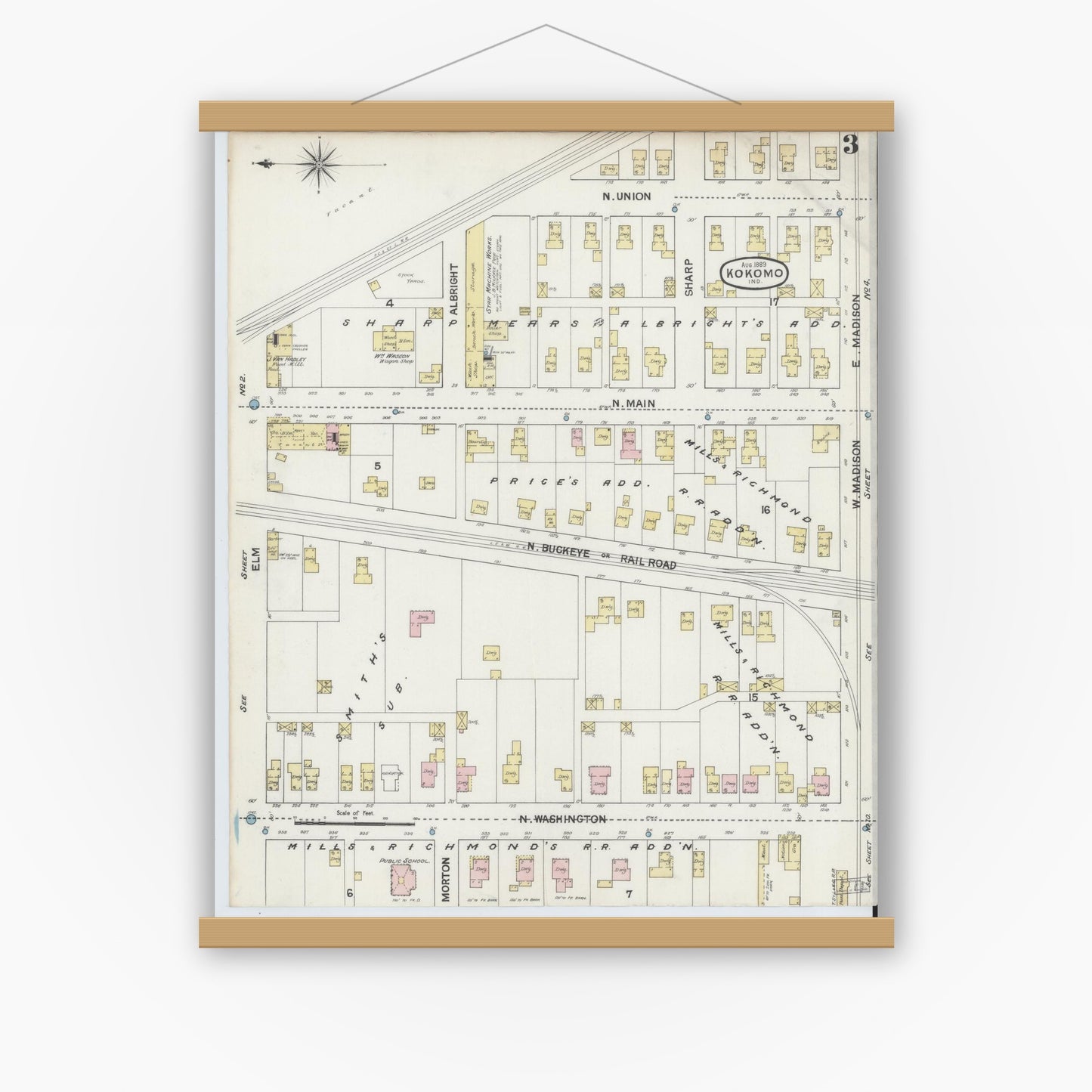 Old map wall art mockup — magnetic wood frame on white wall — Sanborn Fire Insurance Map from Kokomo, Howard County, Indiana (1889), Sheet #0003