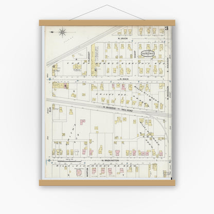 Old map wall art mockup — magnetic wood frame on white wall — Sanborn Fire Insurance Map from Kokomo, Howard County, Indiana (1889), Sheet #0003