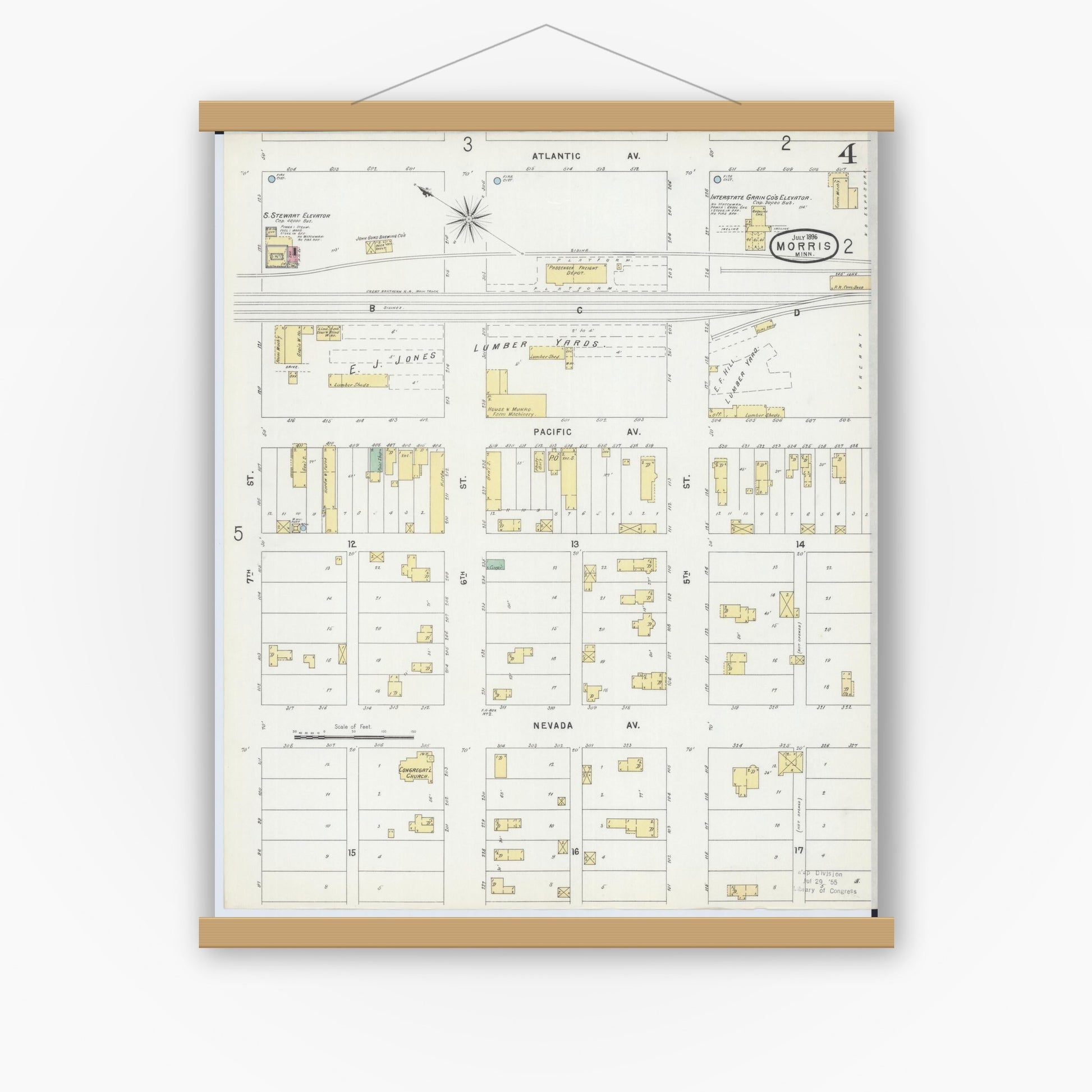Old map wall art mockup — magnetic wood frame on white wall — Sanborn Fire Insurance Map from Morris, Stevens County, Minnesota (1896), Sheet #0004