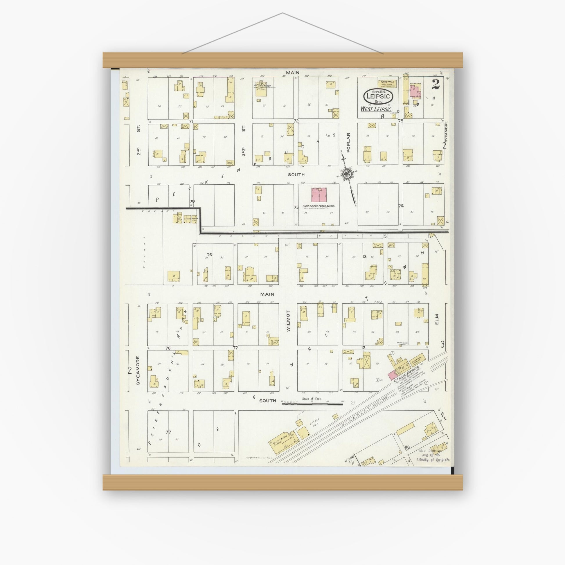 Old map wall art mockup — magnetic wood frame on white wall — Sanborn Fire Insurance Map from Leipsic, Putnam County, Ohio (1916), Sheet #0002