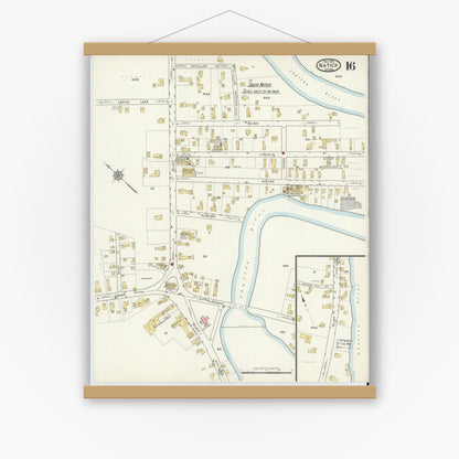 Old map wall art mockup — magnetic wood frame on white wall — Sanborn Fire Insurance Map from Natick, Middlesex County, Massachusetts (1915), Sheet #0016