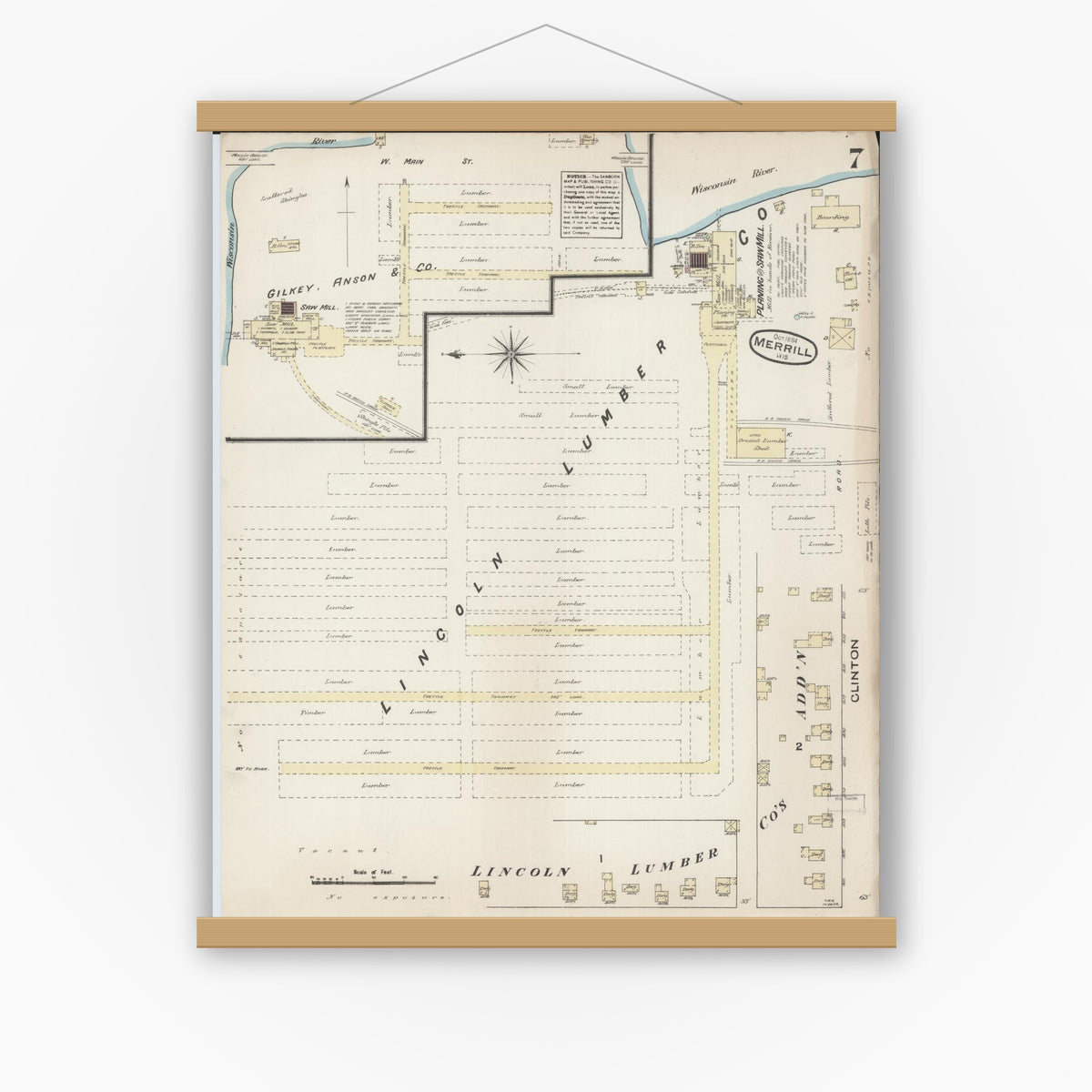 Old map wall art mockup — magnetic wood frame on white wall — Sanborn Fire Insurance Map from Merrill, Lincoln County, Wisconsin (1884), Sheet #0007