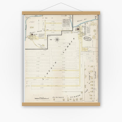 Old map wall art mockup — magnetic wood frame on white wall — Sanborn Fire Insurance Map from Merrill, Lincoln County, Wisconsin (1884), Sheet #0007