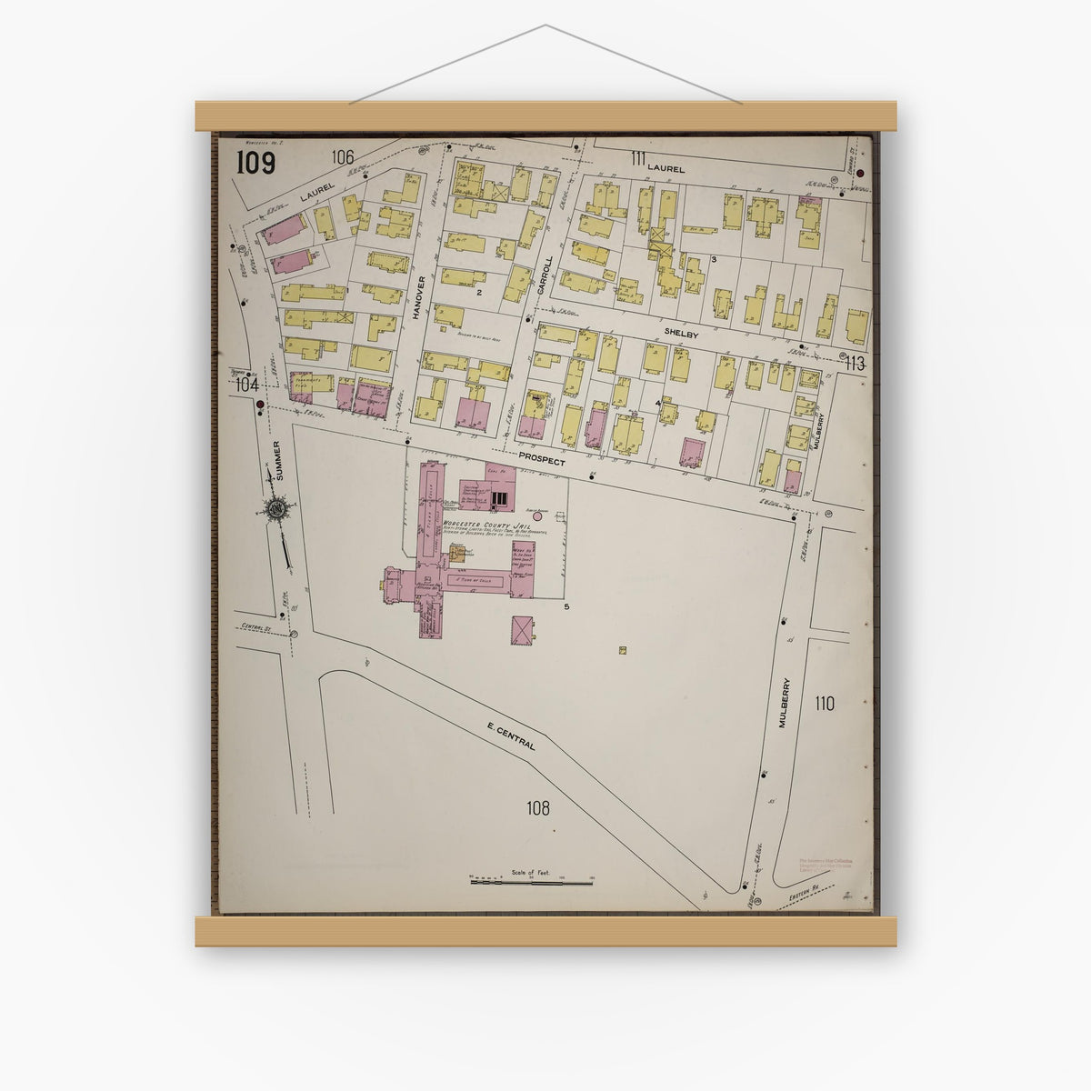 Old map wall art mockup — magnetic wood frame on white wall — Sanborn Fire Insurance Map from Worcester, Worcester County, Massachusetts (1910), Sheet #0109