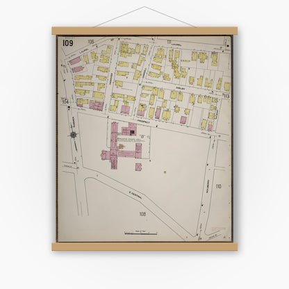 Old map wall art mockup — magnetic wood frame on white wall — Sanborn Fire Insurance Map from Worcester, Worcester County, Massachusetts (1910), Sheet #0109