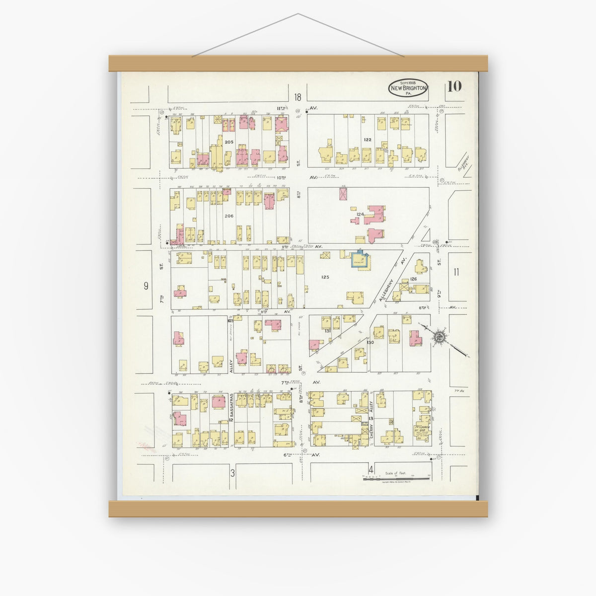 Old map wall art mockup — magnetic wood frame on white wall — Sanborn Fire Insurance Map from New Brighton, Beaver County, Pennsylvania (1918), Sheet #0010