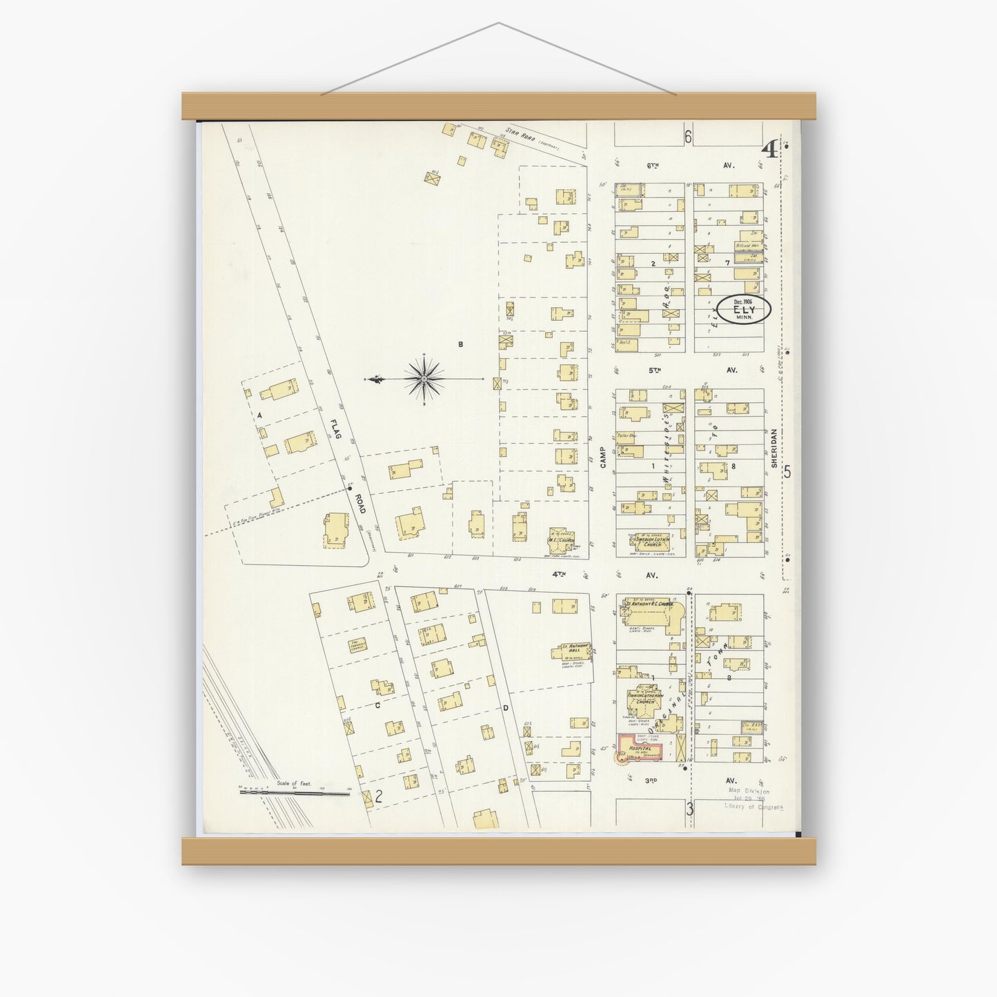 Old map wall art mockup — magnetic wood frame on white wall — Sanborn Fire Insurance Map from Ely, Saint Louis County, Minnesota (1906), Sheet #0004