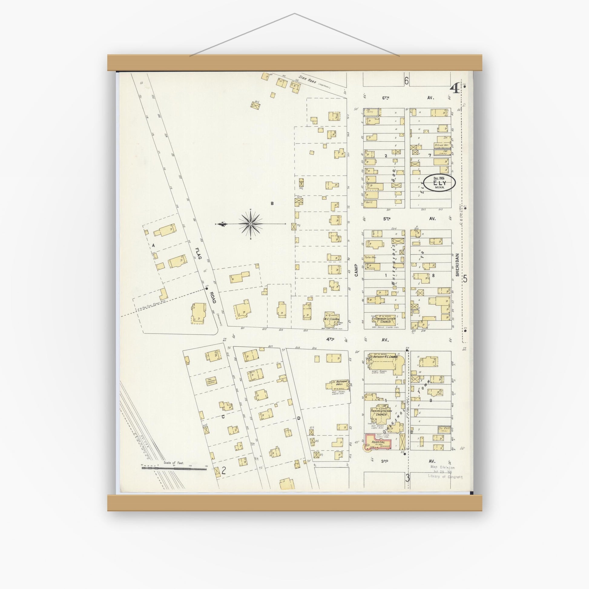 Old map wall art mockup — magnetic wood frame on white wall — Sanborn Fire Insurance Map from Ely, Saint Louis County, Minnesota (1906), Sheet #0004