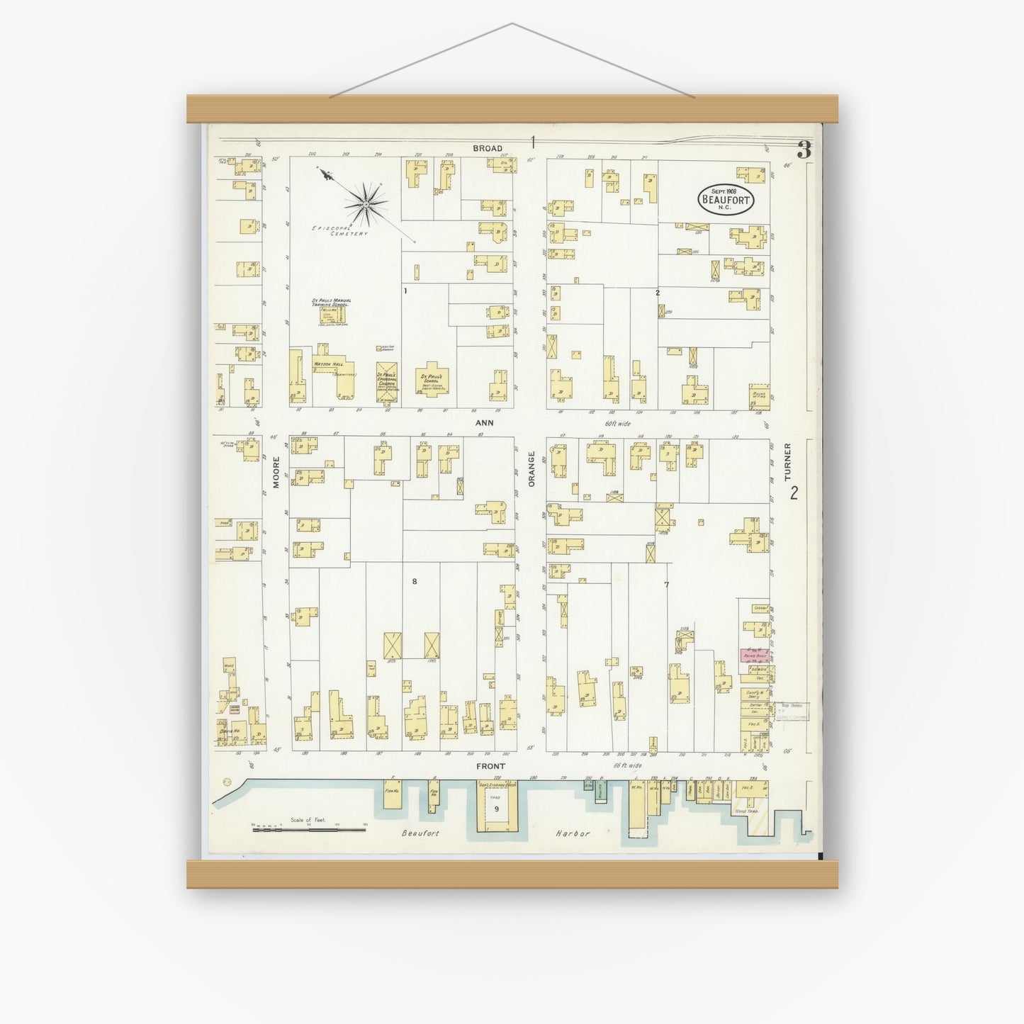 Old map wall art mockup — magnetic wood frame on white wall — Sanborn Fire Insurance Map from Beaufort, Carteret County, North Carolina (1908), Sheet #0003
