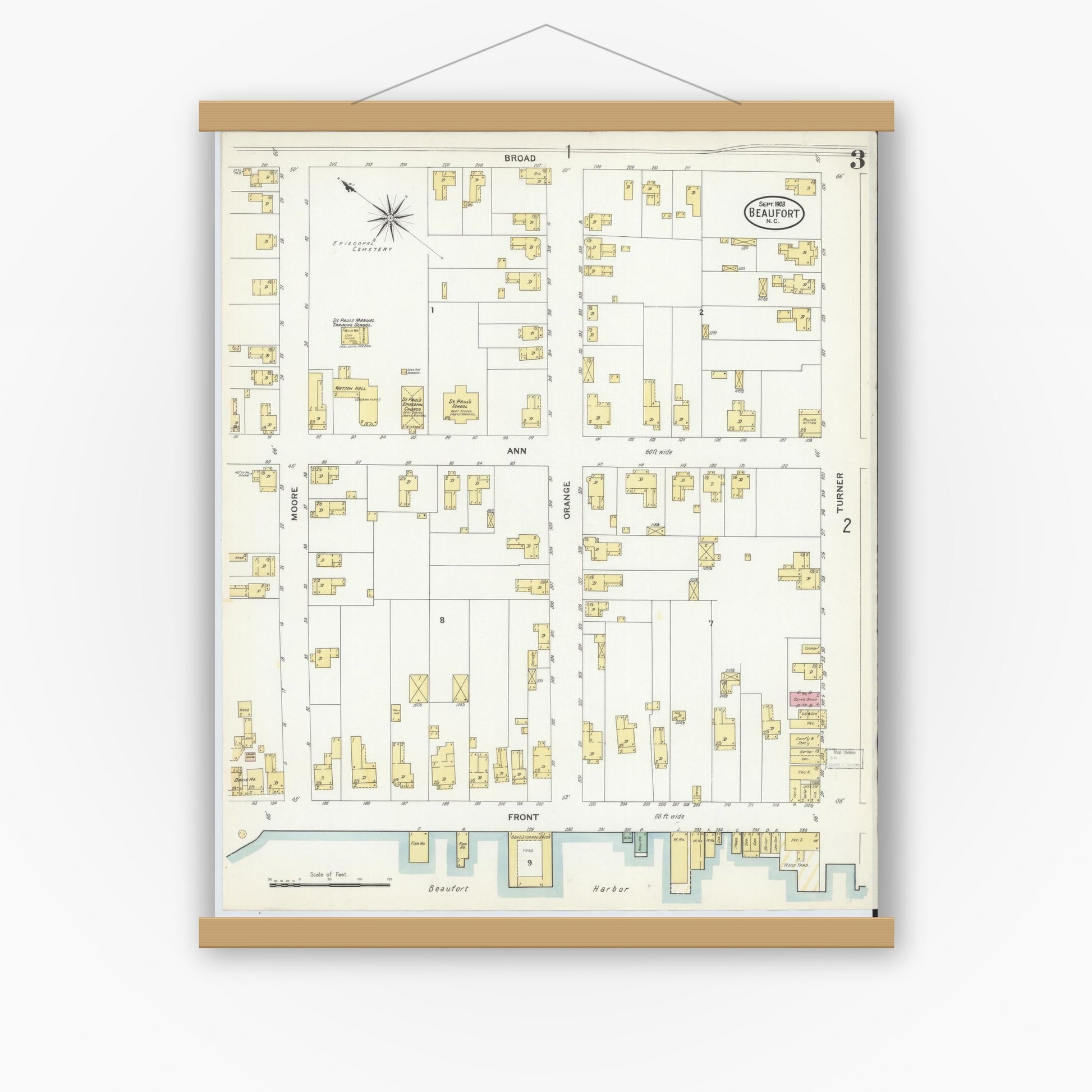 Old map wall art mockup — magnetic wood frame on white wall — Sanborn Fire Insurance Map from Beaufort, Carteret County, North Carolina (1908), Sheet #0003