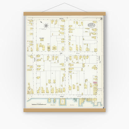 Old map wall art mockup — magnetic wood frame on white wall — Sanborn Fire Insurance Map from Beaufort, Carteret County, North Carolina (1908), Sheet #0003