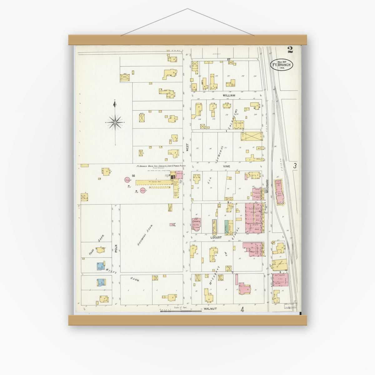 Old map wall art mockup — magnetic wood frame on white wall — Sanborn Fire Insurance Map from Fort Branch, Gibson County, Indiana (1907), Sheet #0002