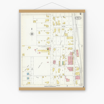 Old map wall art mockup — magnetic wood frame on white wall — Sanborn Fire Insurance Map from Fort Branch, Gibson County, Indiana (1907), Sheet #0002