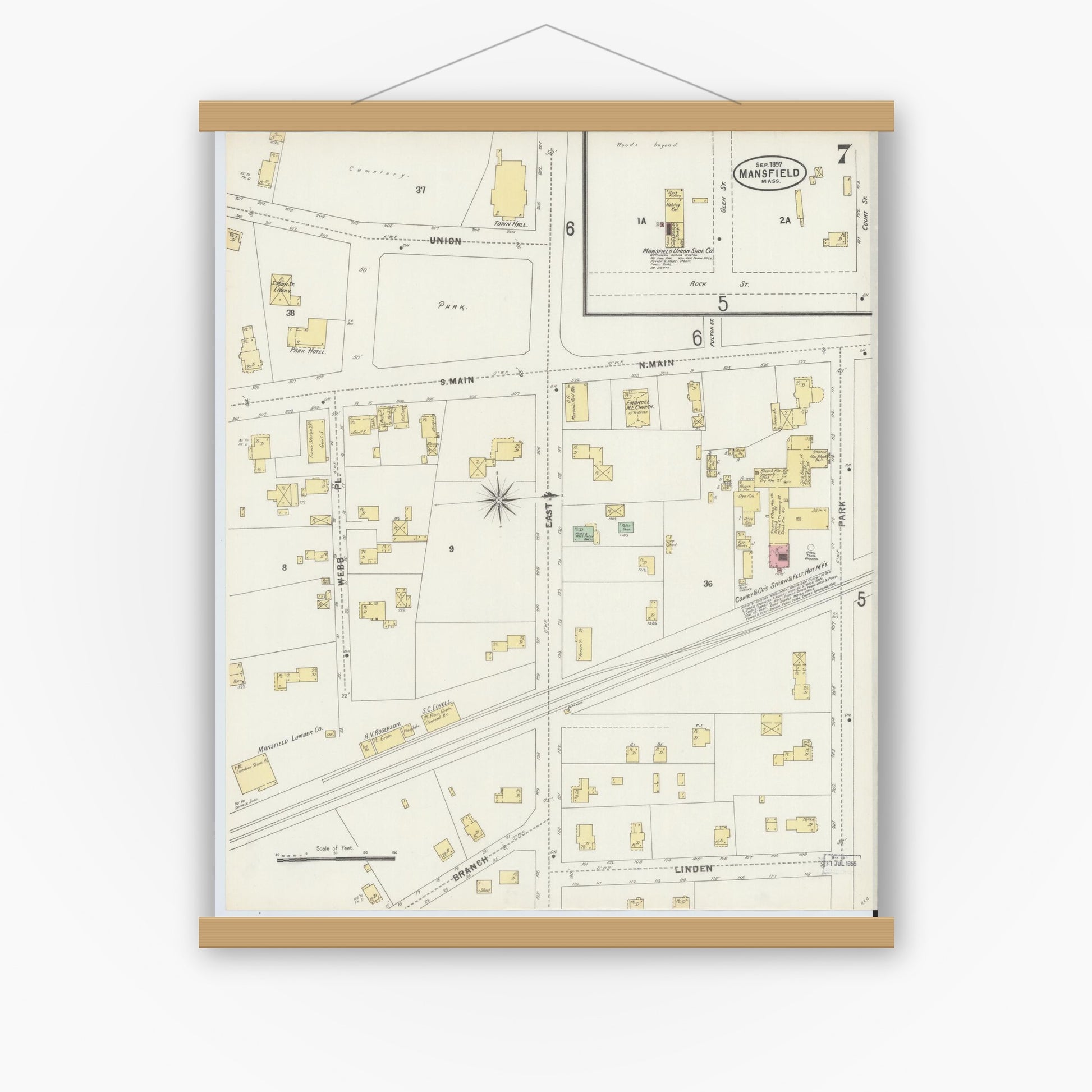 Old map wall art mockup — magnetic wood frame on white wall — Sanborn Fire Insurance Map from Mansfield, Bristol County, Massachusetts (1897), Sheet #0007