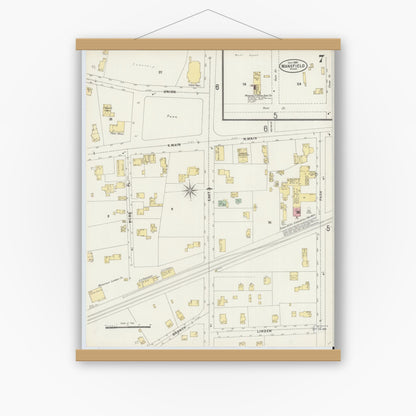 Old map wall art mockup — magnetic wood frame on white wall — Sanborn Fire Insurance Map from Mansfield, Bristol County, Massachusetts (1897), Sheet #0007