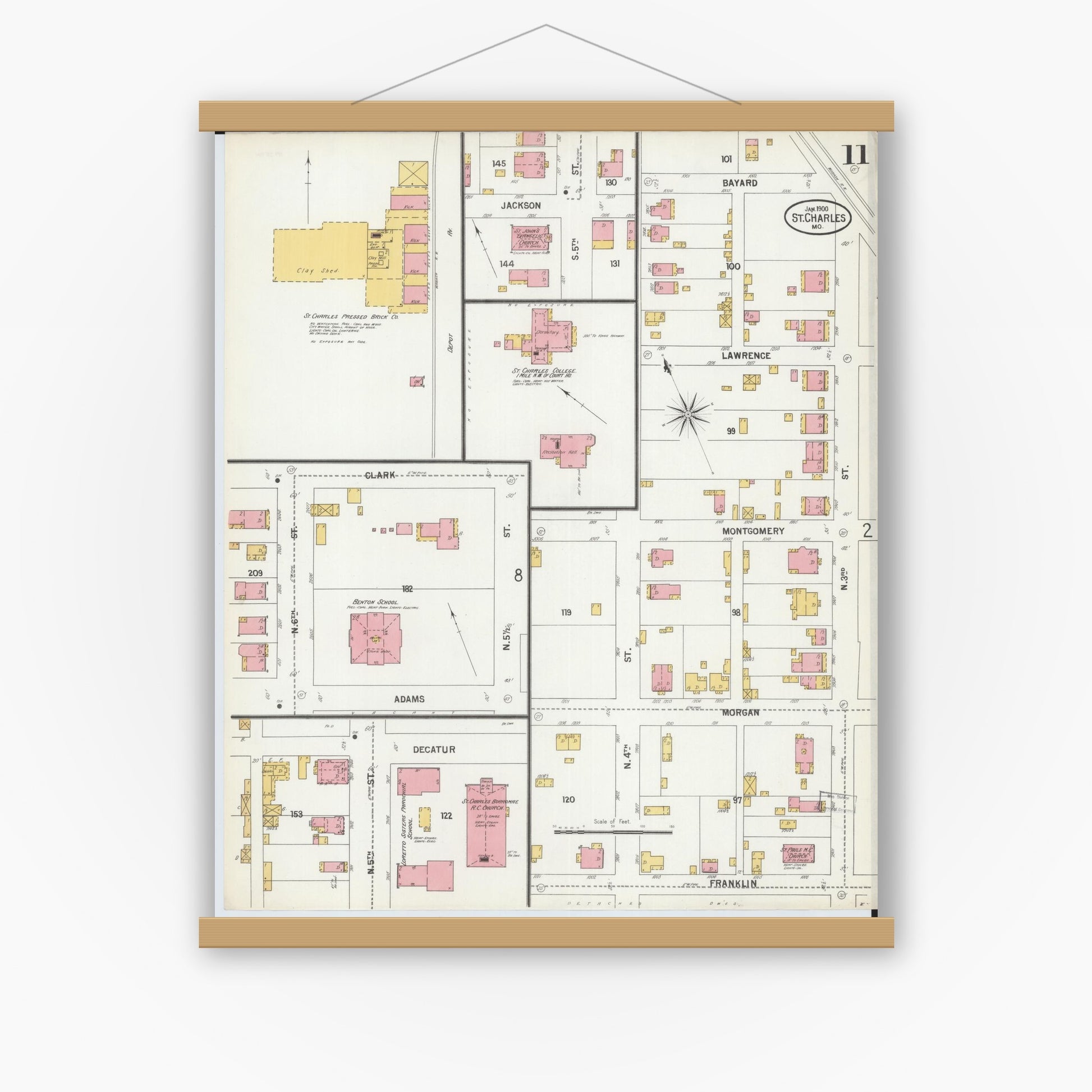 Old map wall art mockup — magnetic wood frame on white wall — Sanborn Fire Insurance Map from Saint Charles, Saint Charles County, Missouri (1900), Sheet #0011
