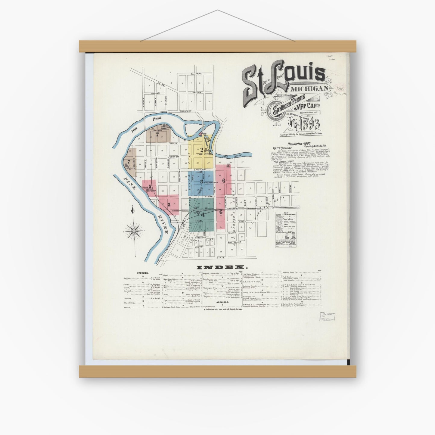 Old map wall art mockup — magnetic wood frame on white wall — Sanborn Fire Insurance Map from Saint Louis, Gratiot County, Michigan (1893), Sheet #0001