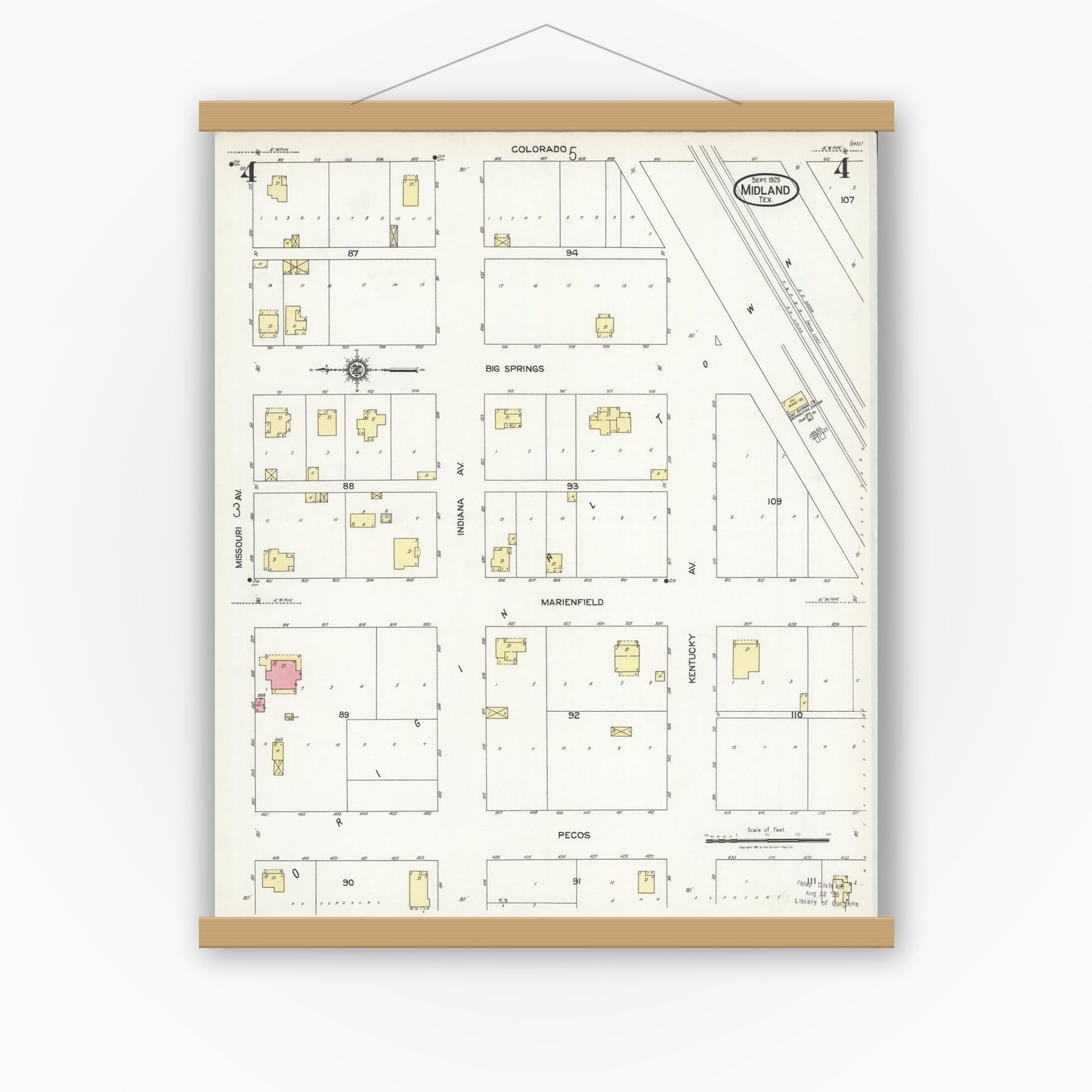 Old map wall art mockup — magnetic wood frame on white wall — Sanborn Fire Insurance Map from Midland, Midland County, Texas (1925), Sheet #0004