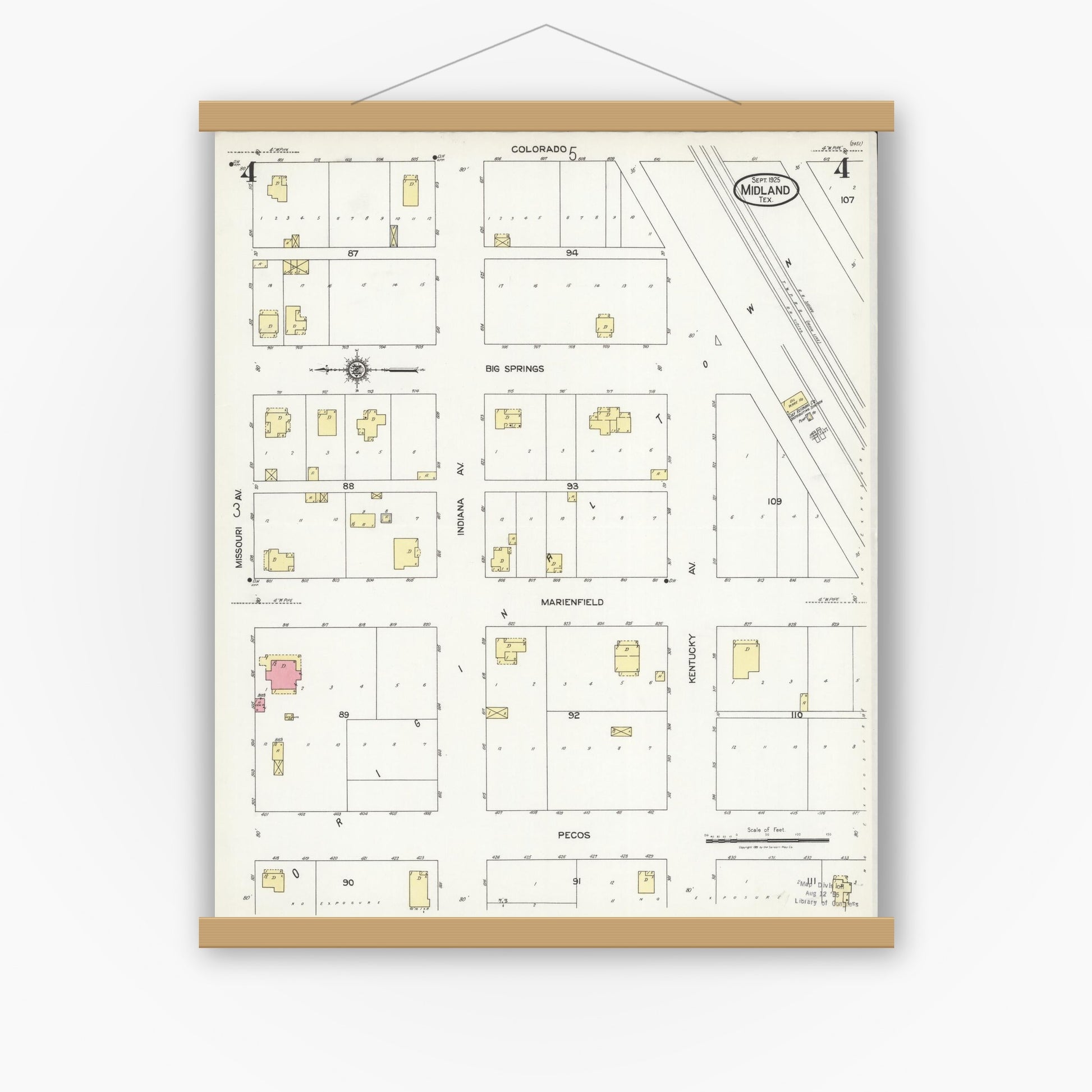 Old map wall art mockup — magnetic wood frame on white wall — Sanborn Fire Insurance Map from Midland, Midland County, Texas (1925), Sheet #0004