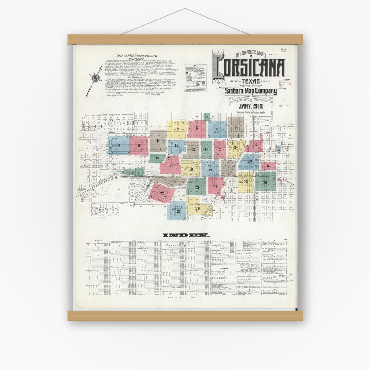 Old map wall art mockup — magnetic wood frame on white wall — Sanborn Fire Insurance Map from Corsicana, Navarro County, Texas (1910) - Complete Map Set