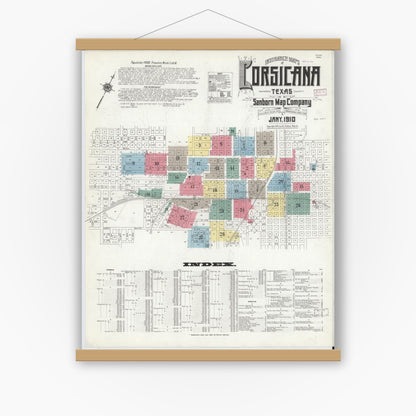 Old map wall art mockup — magnetic wood frame on white wall — Sanborn Fire Insurance Map from Corsicana, Navarro County, Texas (1910) - Complete Map Set