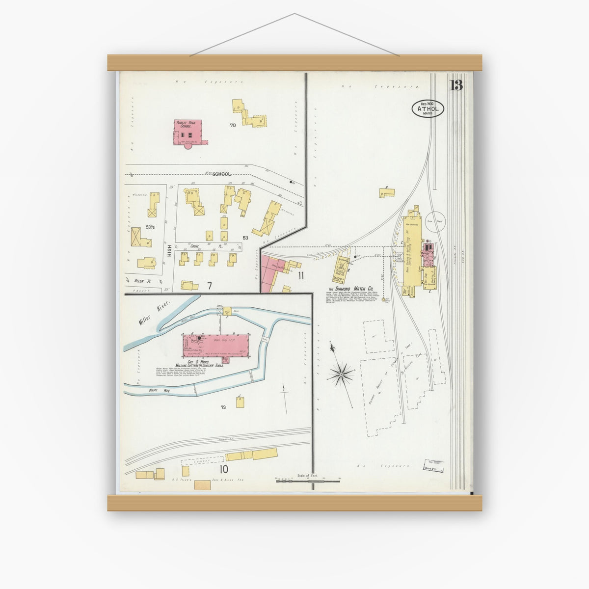 Old map wall art mockup — magnetic wood frame on white wall — Sanborn Fire Insurance Map from Athol, Worcester County, Massachusetts (1900), Sheet #0013