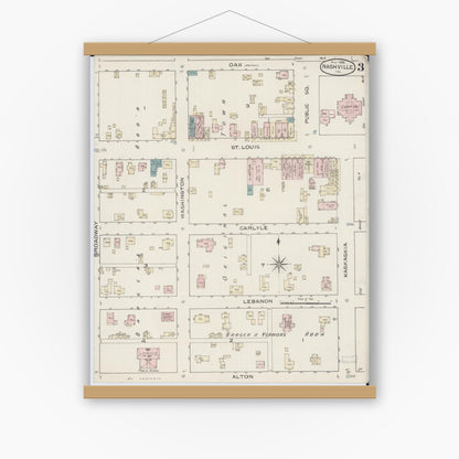 Old map wall art mockup — magnetic wood frame on white wall — Sanborn Fire Insurance Map from Nashville, Washington County, Illinois (1886), Sheet #0003