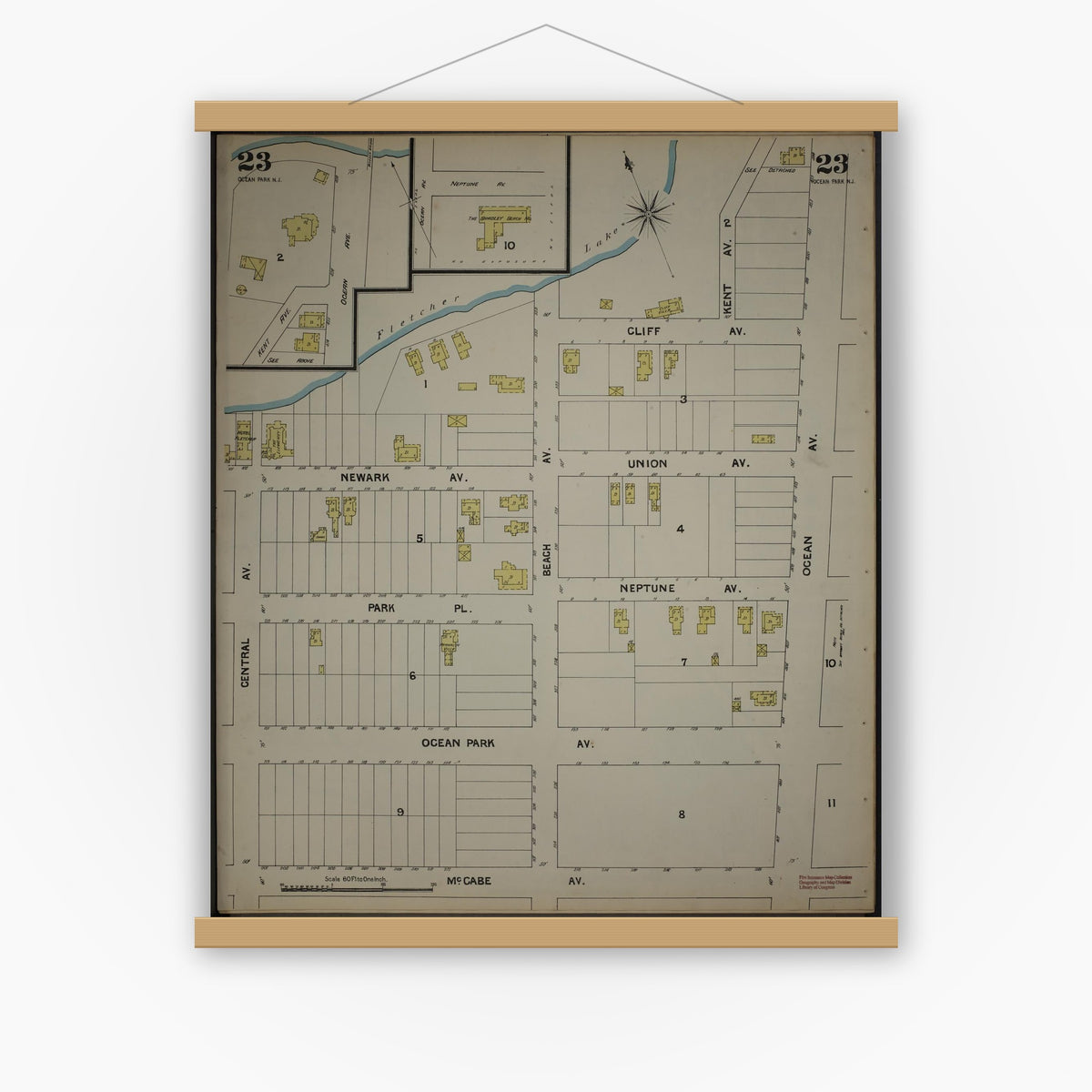 Old map wall art mockup — magnetic wood frame on white wall — Sanborn Fire Insurance Map from New Jersey Coast, New Jersey Coast, New Jersey (1890), Sheet #0023