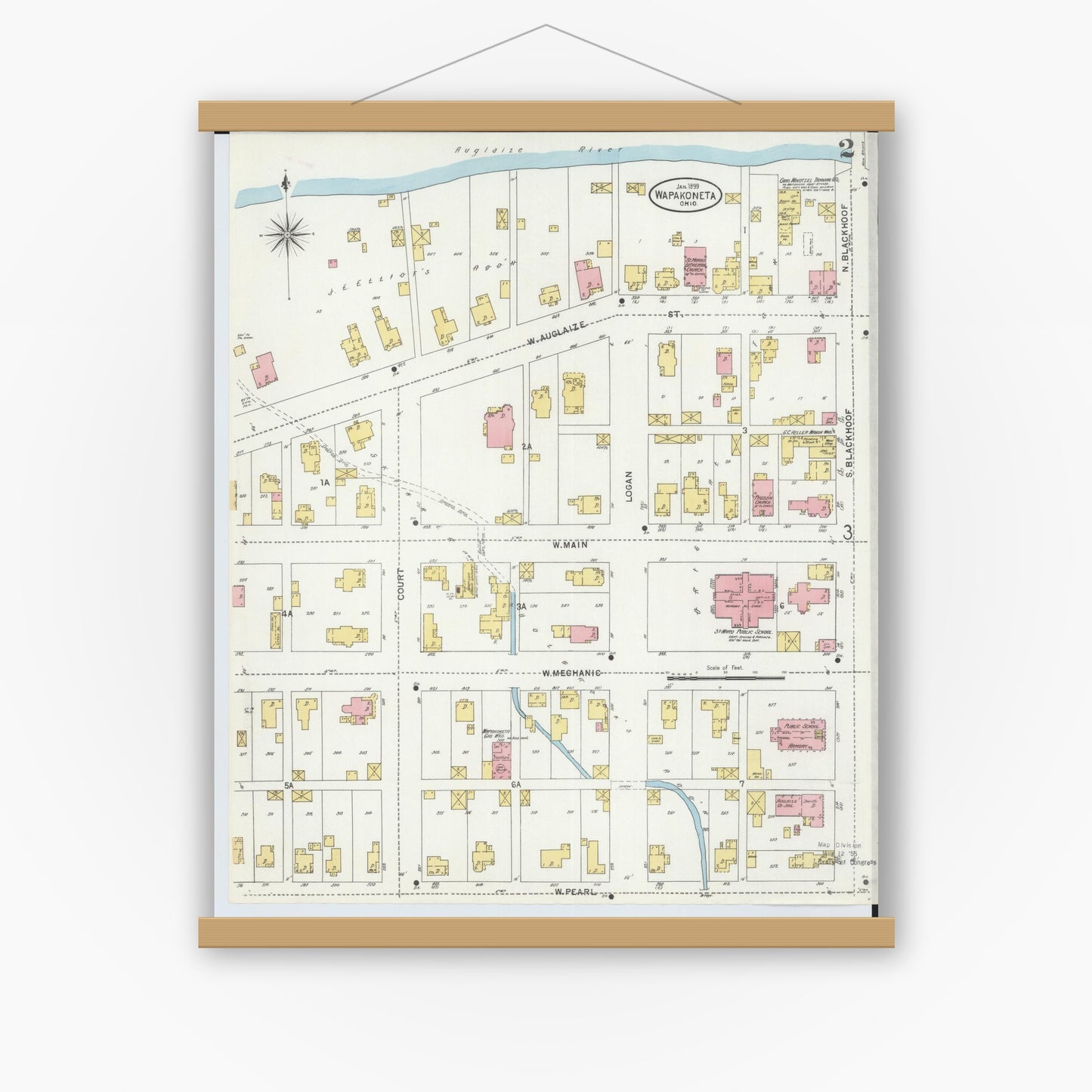 Old map wall art mockup — magnetic wood frame on white wall — Sanborn Fire Insurance Map from Wapakoneta, Auglaize County, Ohio (1899), Sheet #0002