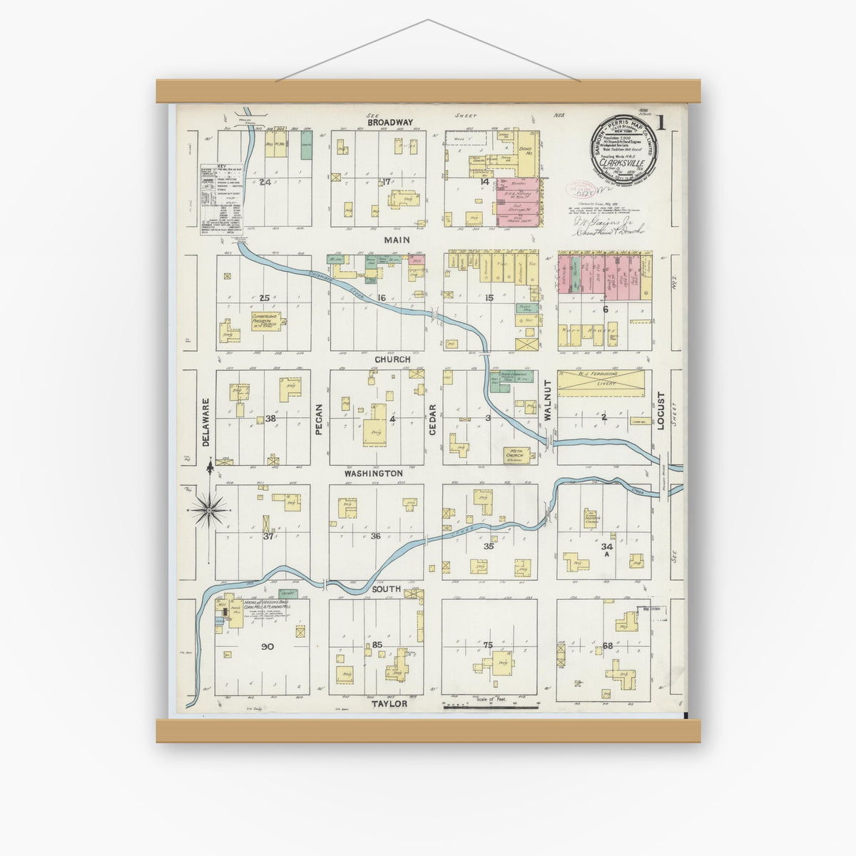 Old map wall art mockup — magnetic wood frame on white wall — Sanborn Fire Insurance Map from Clarksville, Red River County, Texas (1891) - Complete Map Set