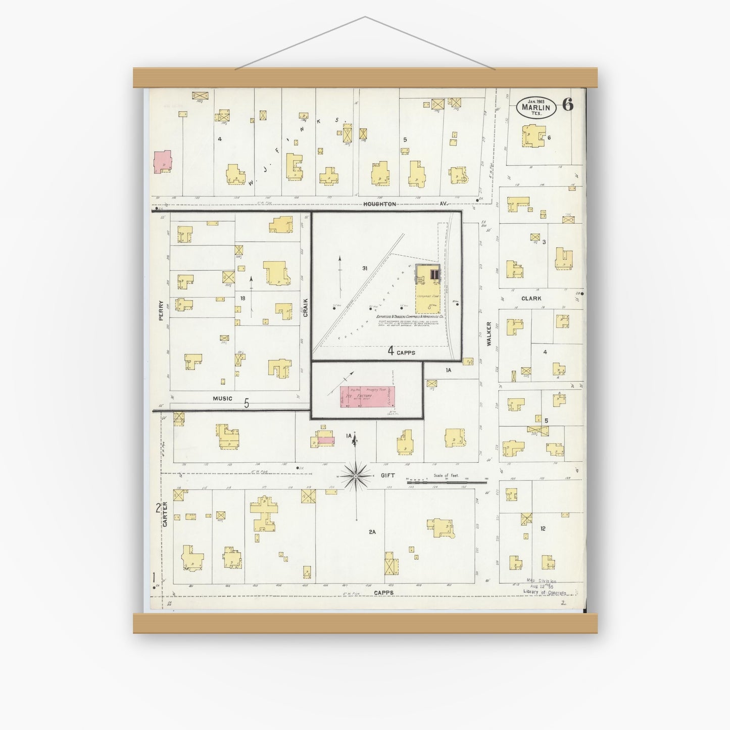 Old map wall art mockup — magnetic wood frame on white wall — Sanborn Fire Insurance Map from Marlin, Falls County, Texas (1903), Sheet #0006
