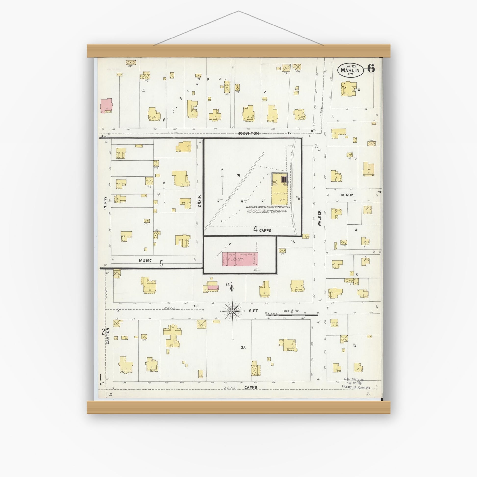 Old map wall art mockup — magnetic wood frame on white wall — Sanborn Fire Insurance Map from Marlin, Falls County, Texas (1903), Sheet #0006