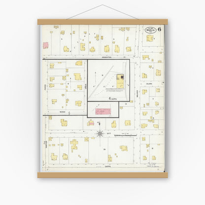 Old map wall art mockup — magnetic wood frame on white wall — Sanborn Fire Insurance Map from Marlin, Falls County, Texas (1903), Sheet #0006