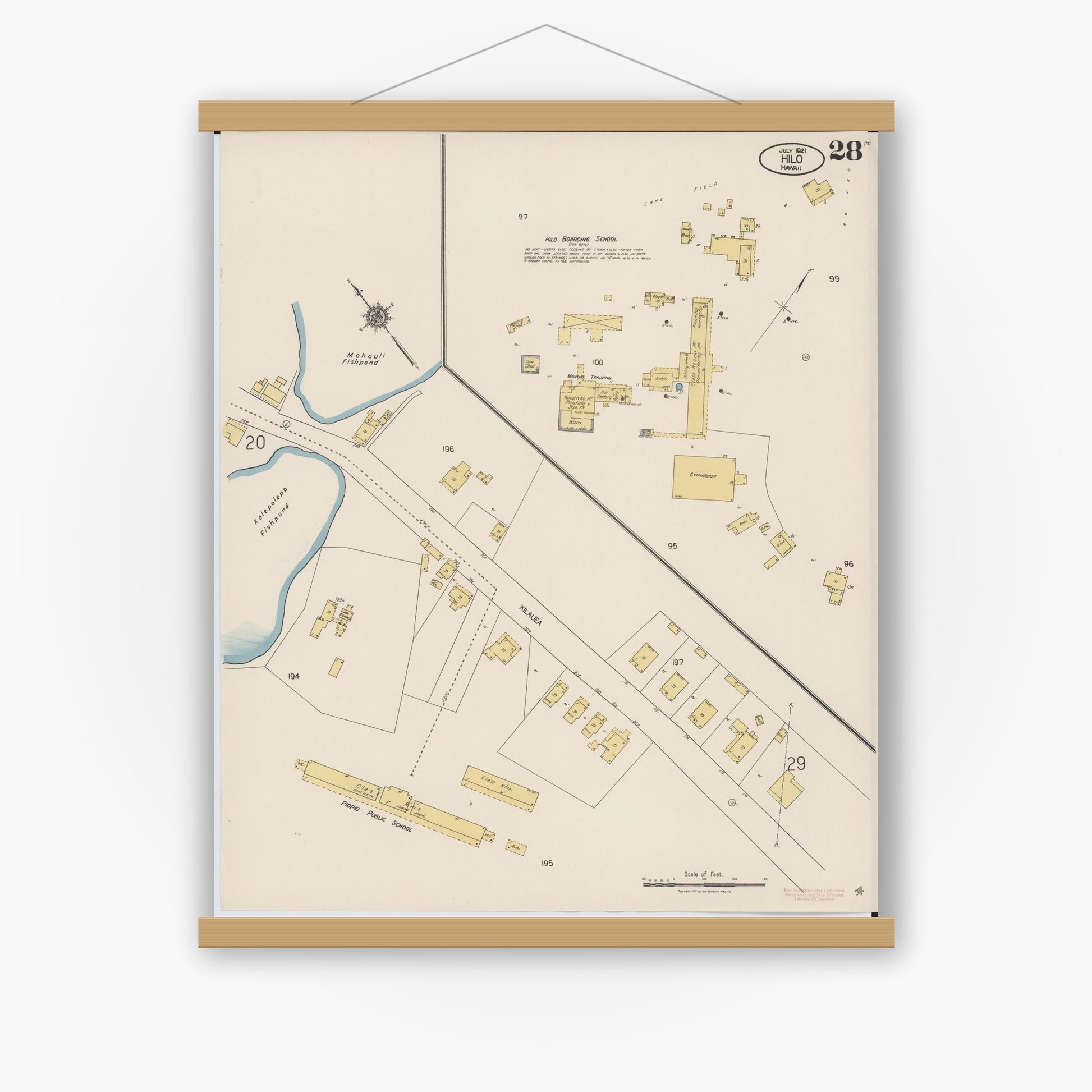 Old map wall art mockup — magnetic wood frame on white wall — Sanborn Fire Insurance Map from Hilo, Hawaii County, Hawaii (1921), Sheet #0028