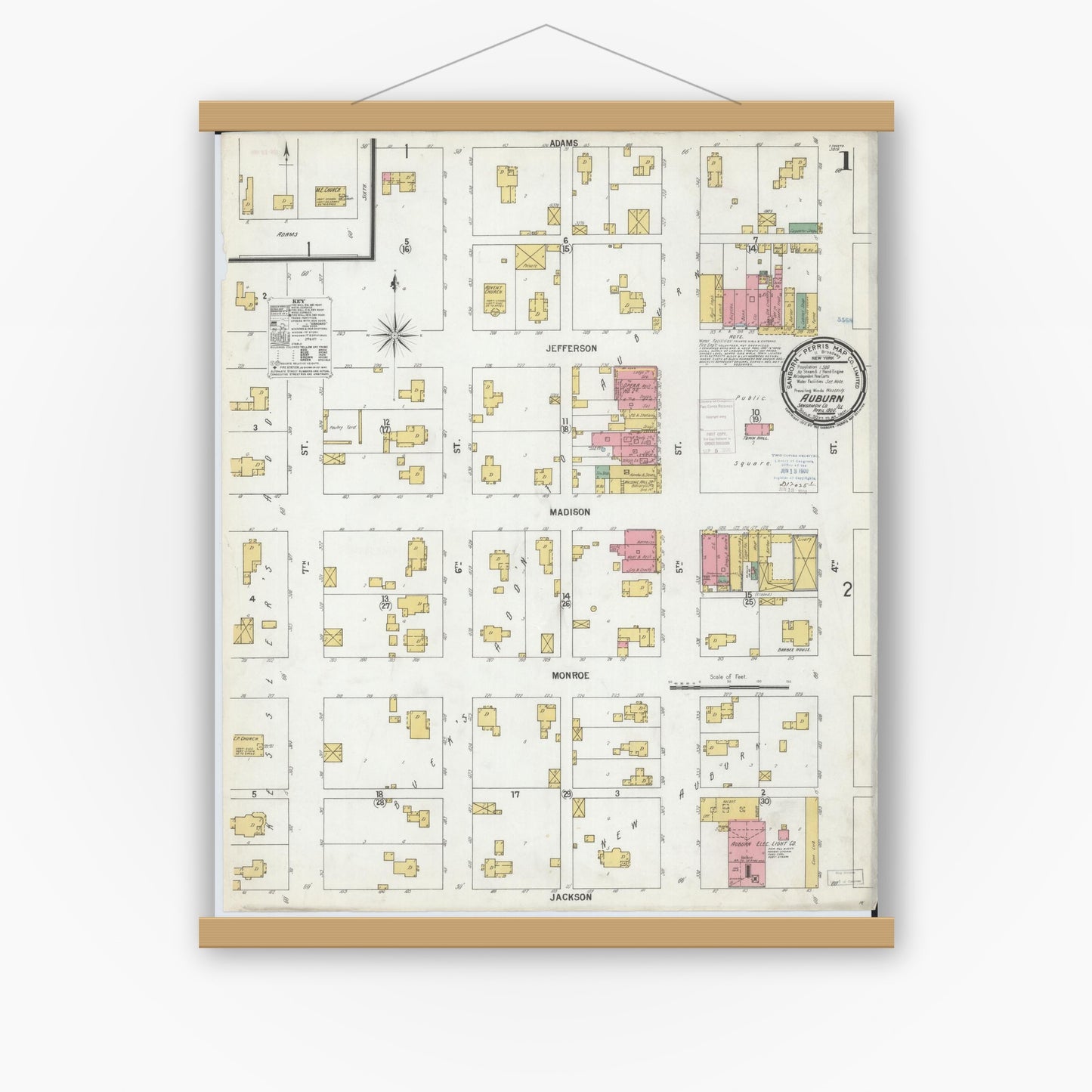 Old map wall art mockup — magnetic wood frame on white wall — Sanborn Fire Insurance Map from Auburn, Sangamon County, Illinois (1900) - Complete Map Set