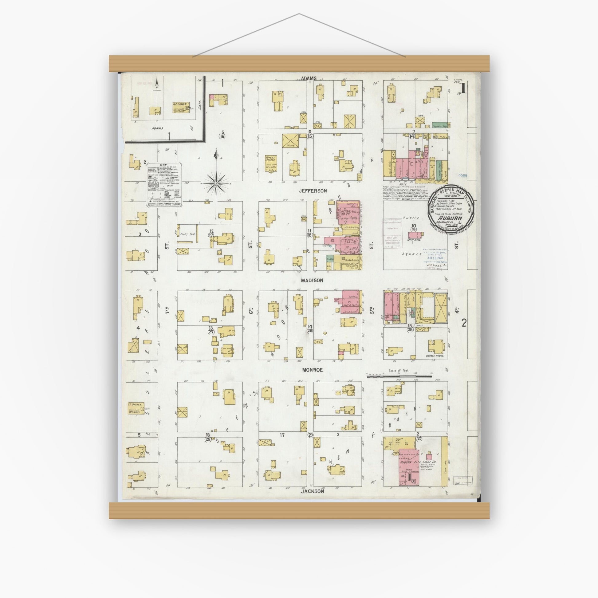 Old map wall art mockup — magnetic wood frame on white wall — Sanborn Fire Insurance Map from Auburn, Sangamon County, Illinois (1900) - Complete Map Set