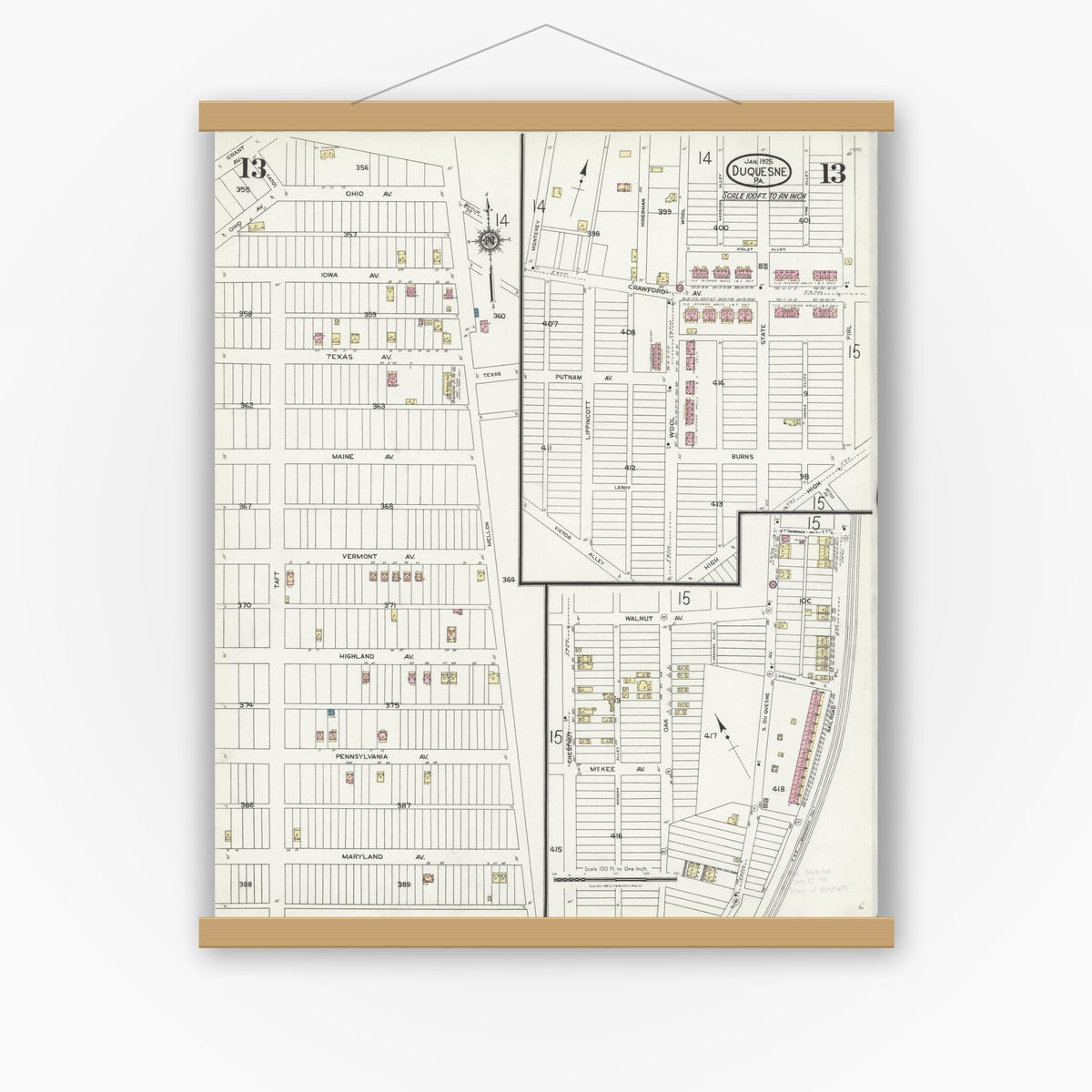 Old map wall art mockup — magnetic wood frame on white wall — Sanborn Fire Insurance Map from Duquesne, Allegheny County, Pennsylvania (1925), Sheet #0013