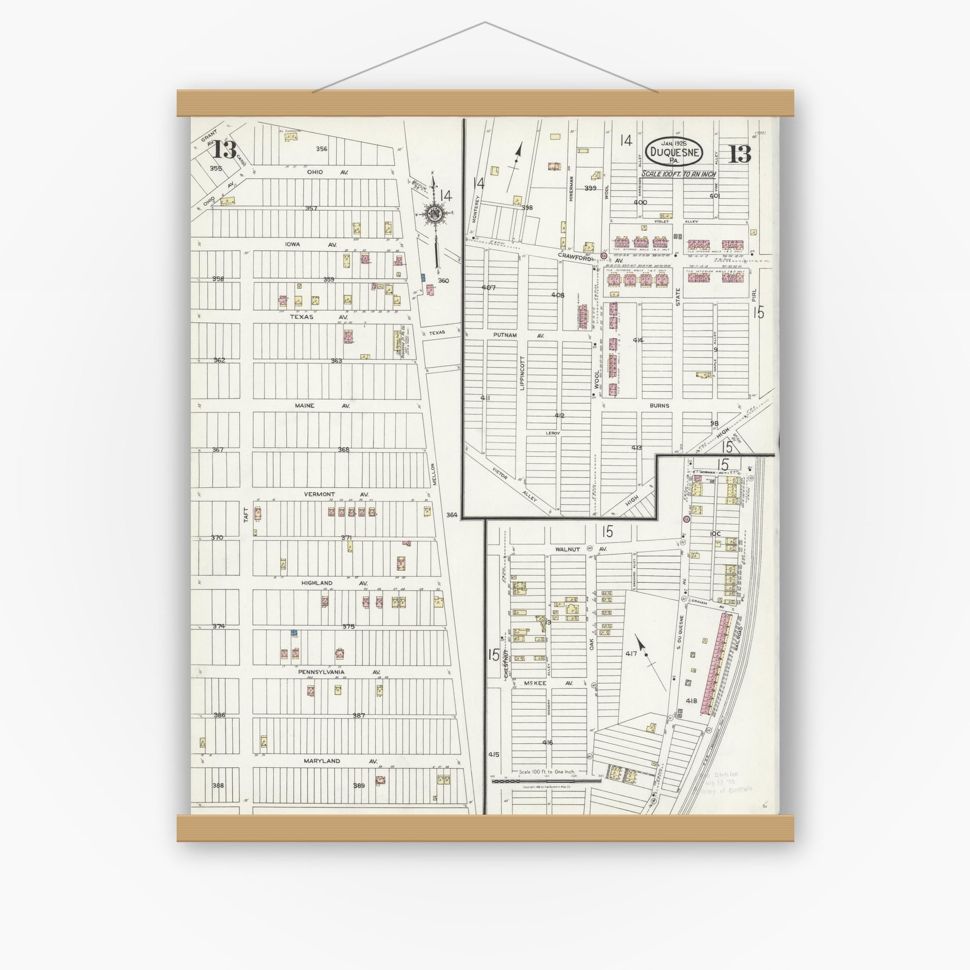 Old map wall art mockup — magnetic wood frame on white wall — Sanborn Fire Insurance Map from Duquesne, Allegheny County, Pennsylvania (1925), Sheet #0013
