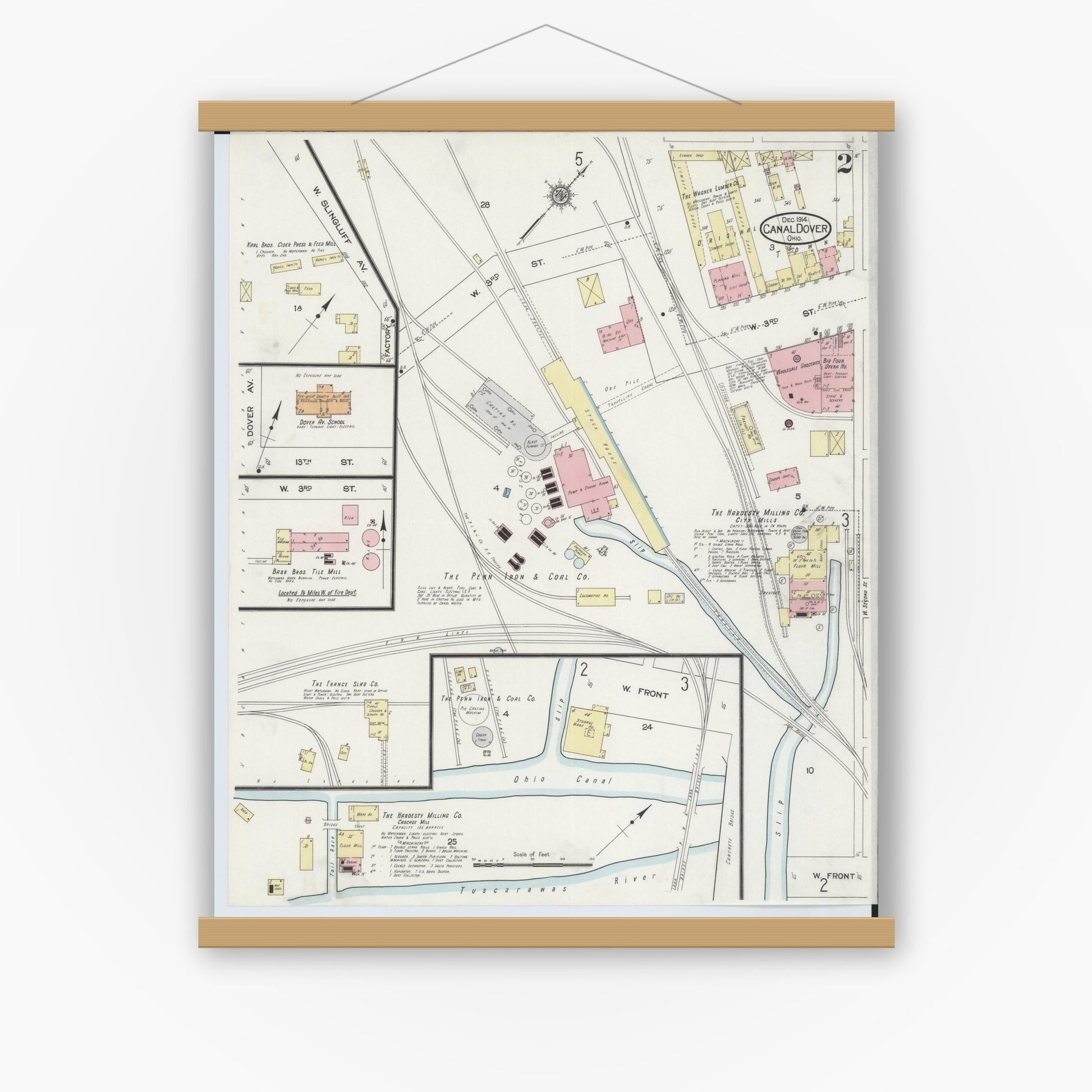 Old map wall art mockup — magnetic wood frame on white wall — Sanborn Fire Insurance Map from Canal Dover, Tuscarawas County, Ohio (1914), Sheet #0002