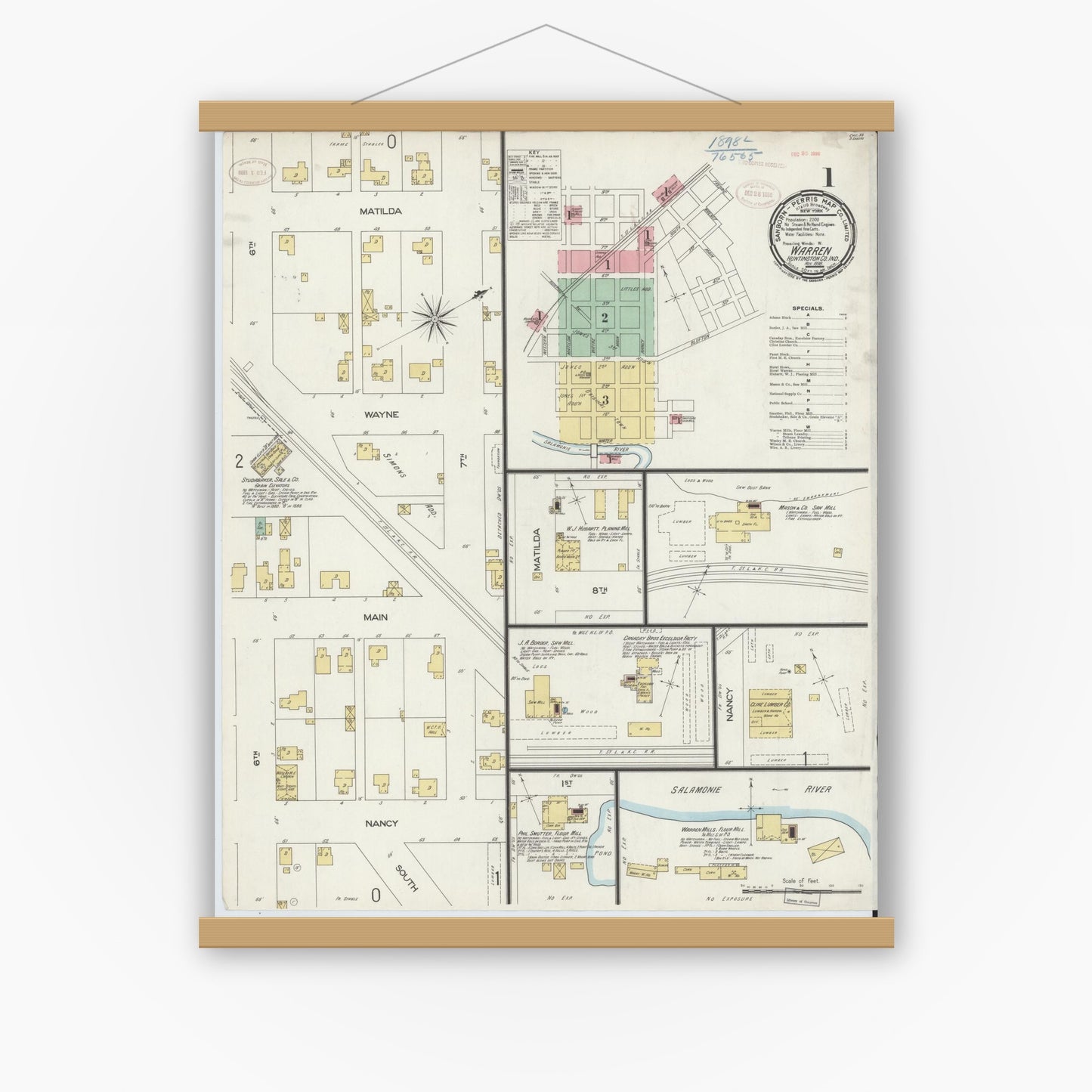 Old map wall art mockup — magnetic wood frame on white wall — Sanborn Fire Insurance Map from Warren, Huntington County, Indiana (1898) - Complete Map Set