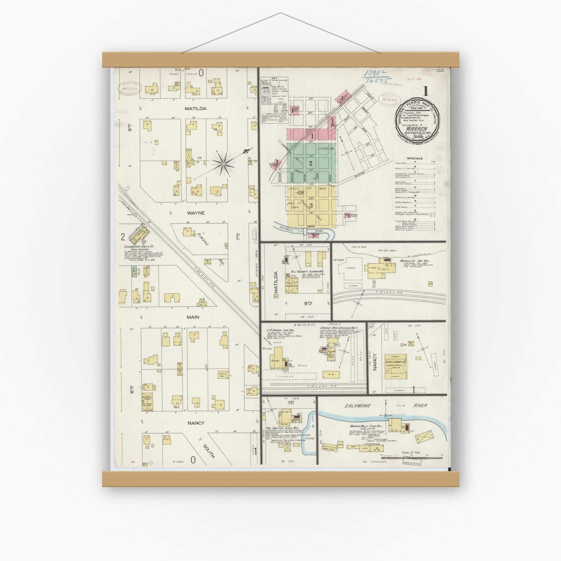 Old map wall art mockup — magnetic wood frame on white wall — Sanborn Fire Insurance Map from Warren, Huntington County, Indiana (1898) - Complete Map Set