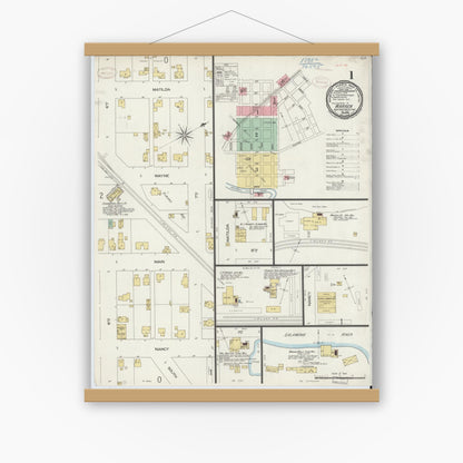 Old map wall art mockup — magnetic wood frame on white wall — Sanborn Fire Insurance Map from Warren, Huntington County, Indiana (1898) - Complete Map Set