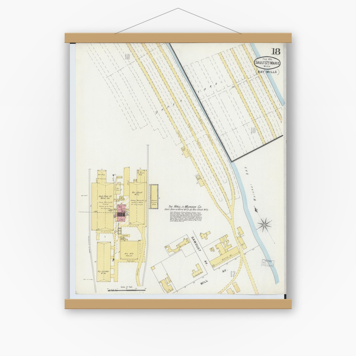 Old map wall art mockup — magnetic wood frame on white wall — Sanborn Fire Insurance Map from Sault Sainte Marie, Chippewa County, Michigan (1895), Sheet #0018