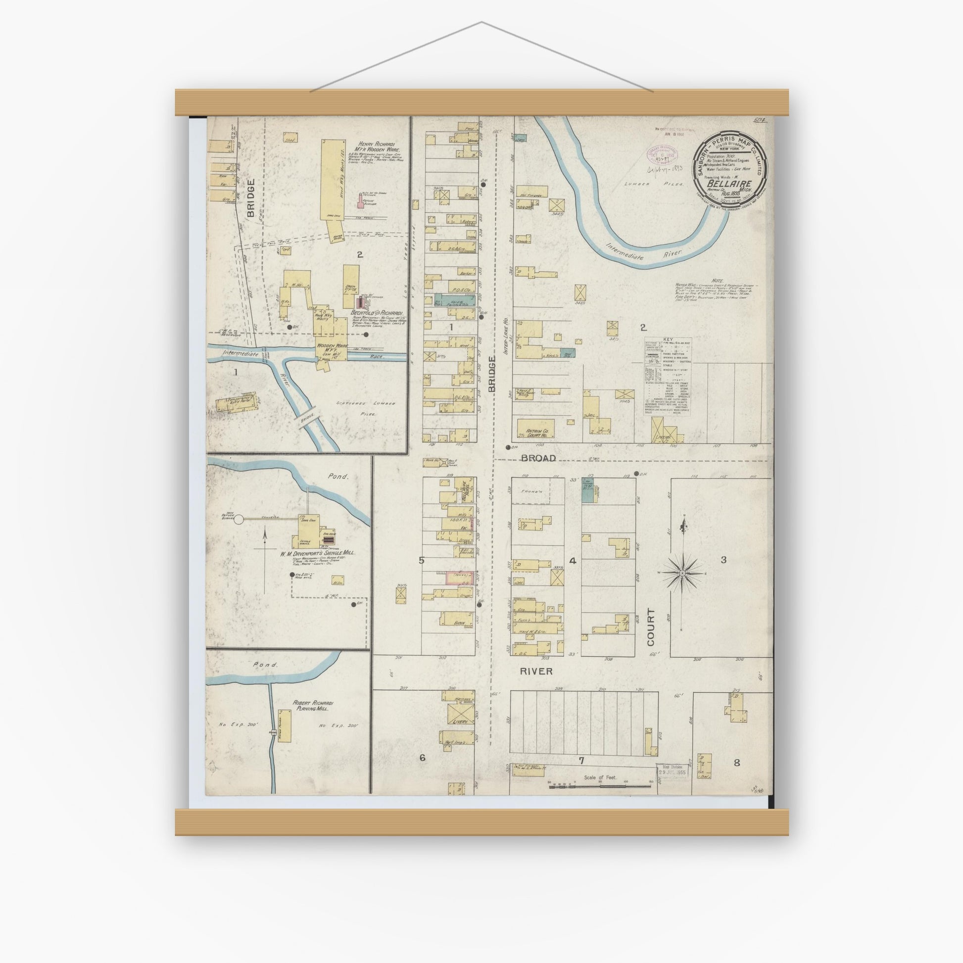 Old map wall art mockup — magnetic wood frame on white wall — Sanborn Fire Insurance Map from Bellaire, Antrim County, Michigan (1893), Sheet #0001