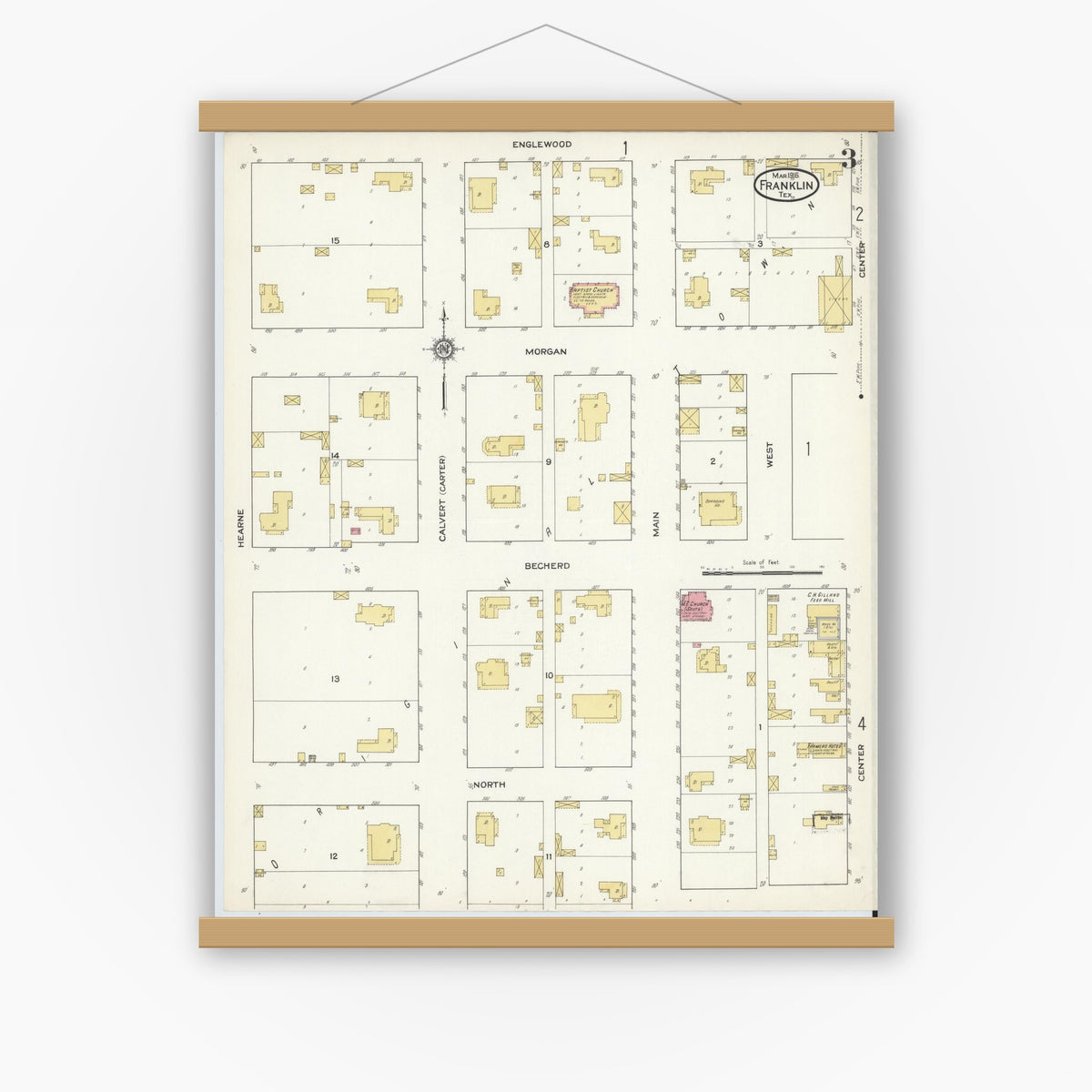 Old map wall art mockup — magnetic wood frame on white wall — Sanborn Fire Insurance Map from Franklin, Robertson County, Texas (1916), Sheet #0003