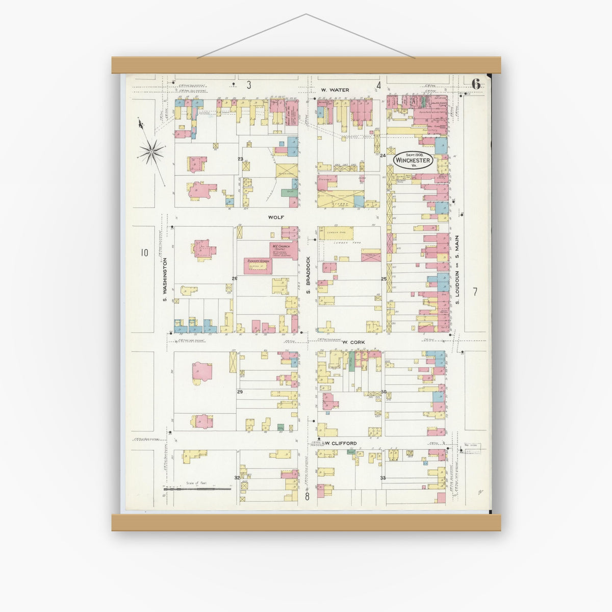 Old map wall art mockup — magnetic wood frame on white wall — Sanborn Fire Insurance Map from Winchester, Independent Cities, Virginia (1908), Sheet #0006