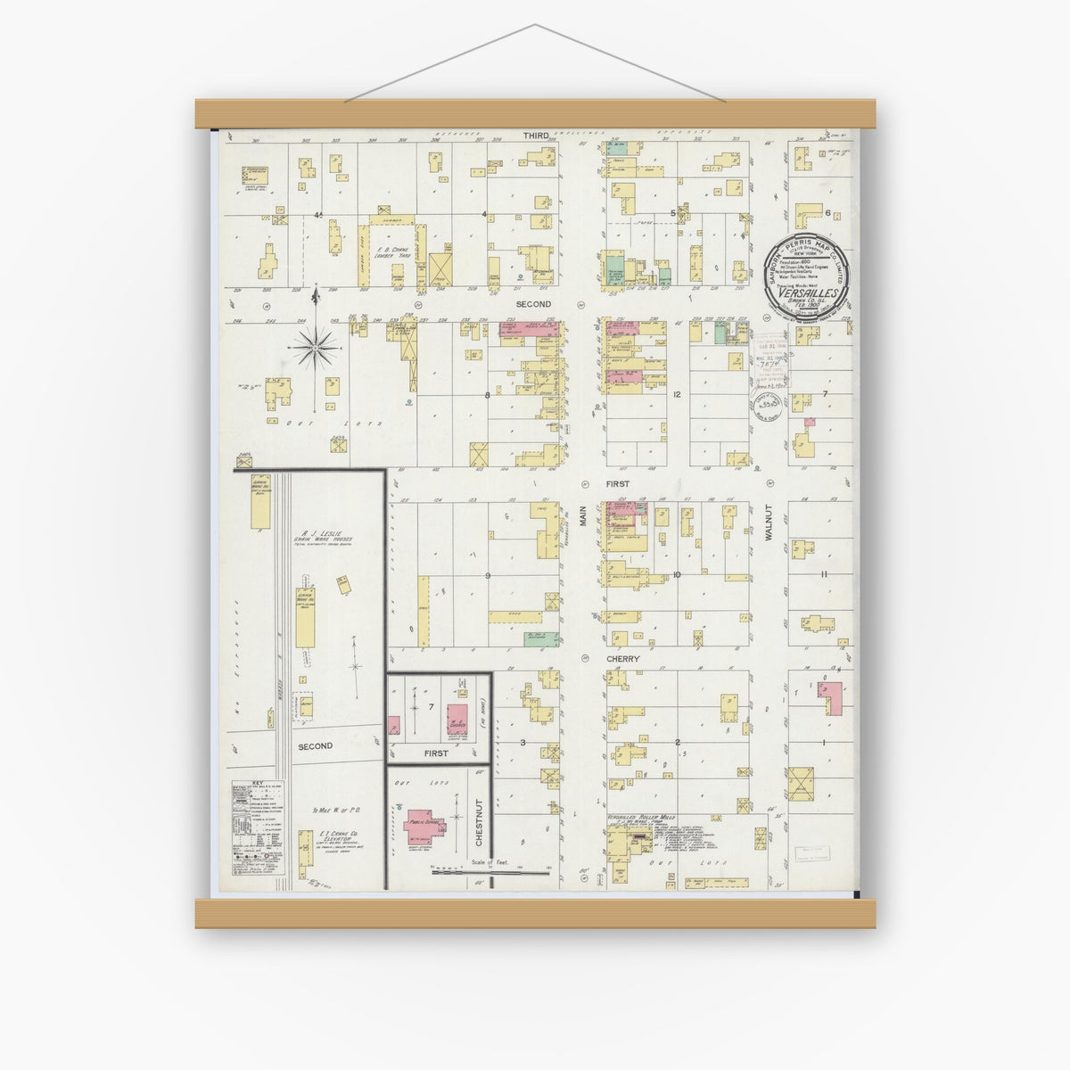 Old map wall art mockup — magnetic wood frame on white wall — Sanborn Fire Insurance Map from Versailles, Brown County, Illinois (1900), Sheet #0001
