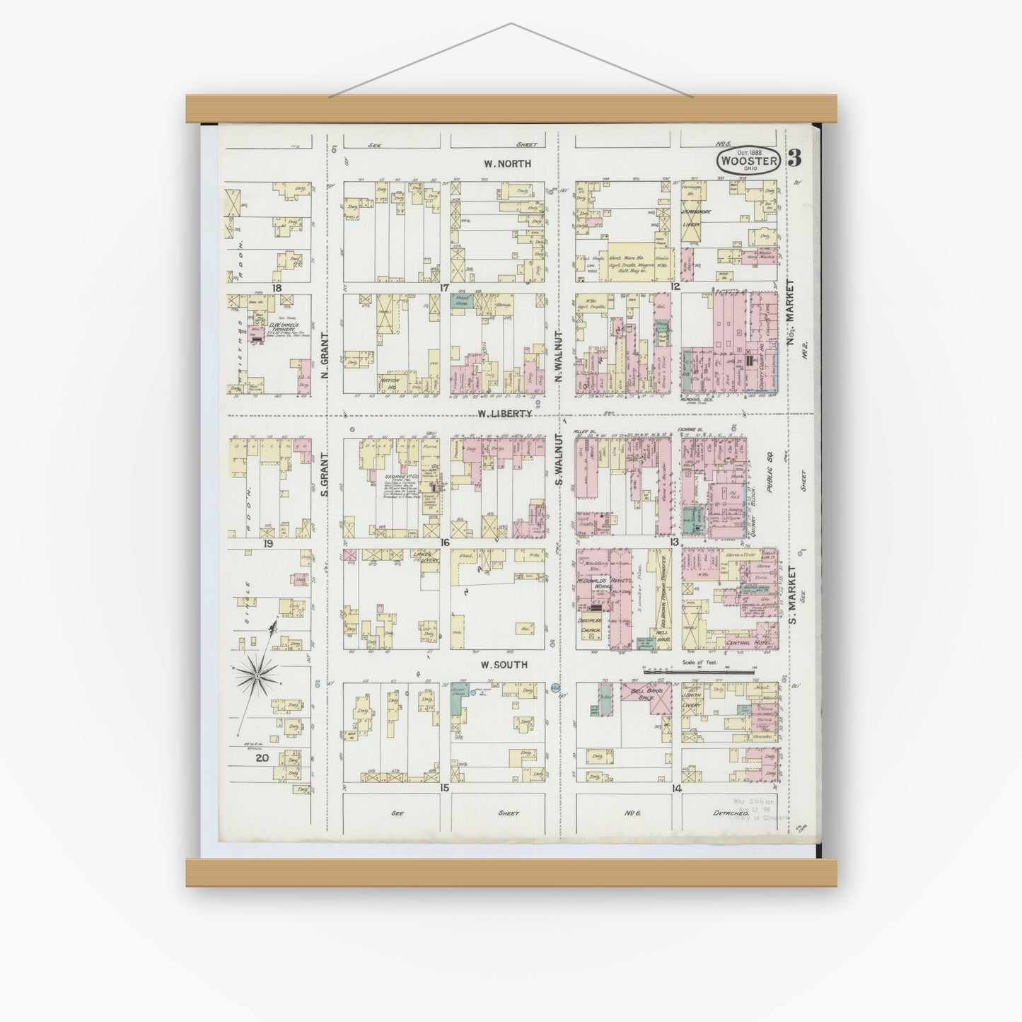 Old map wall art mockup — magnetic wood frame on white wall — Sanborn Fire Insurance Map from Wooster, Wayne County, Ohio (1888), Sheet #0003