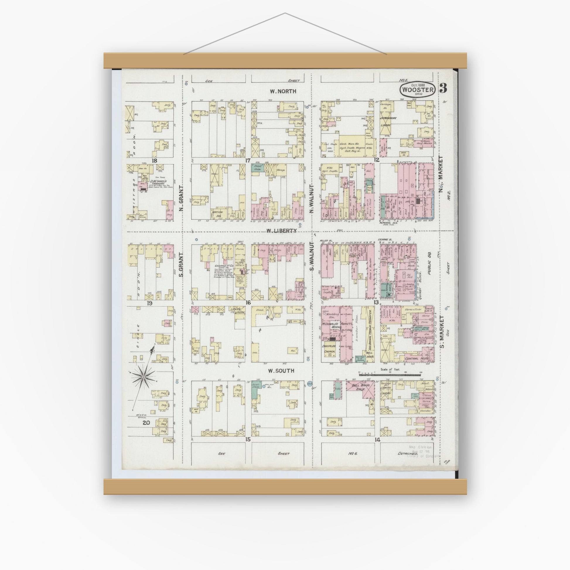 Old map wall art mockup — magnetic wood frame on white wall — Sanborn Fire Insurance Map from Wooster, Wayne County, Ohio (1888), Sheet #0003